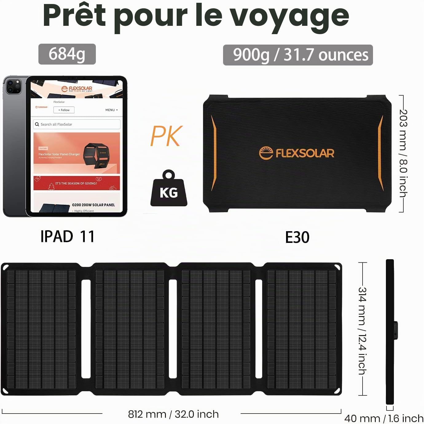 FlexSolar Chargeur de Panneau Solaire Portable 30 W, étanche IP67 Panneau Solaire Pliable avec port USB A/C QC2.0/PD 2.0 Compatible avec Smarthone, Banque d'alimentation pour camping