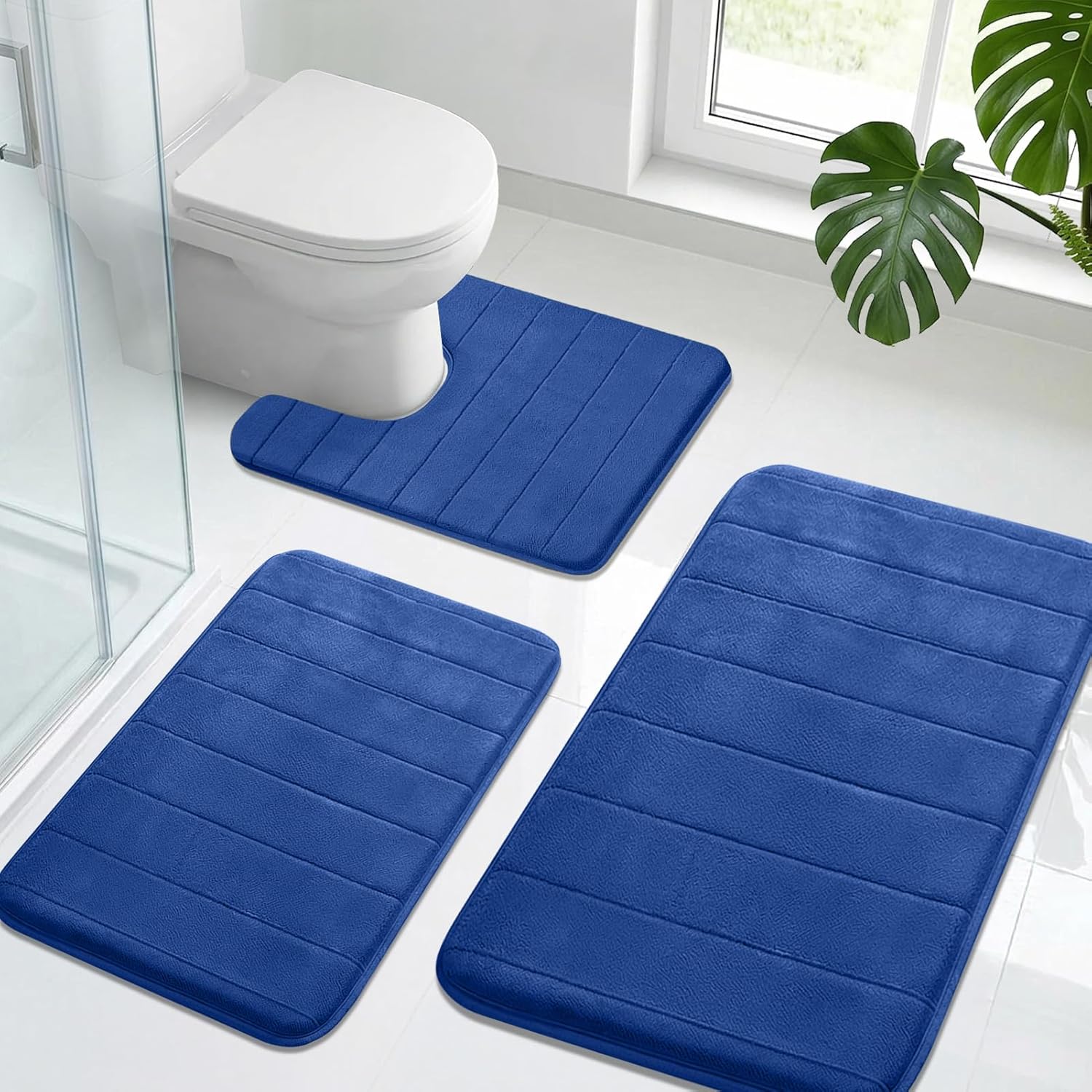 Neween 3 Piece Memory Foam Bath Mat Set - Thick Cushioned Soft Fabric Bathroom Rugs, Non-Slip Absorbent & Quick Dry Bath Mats for Bathroom Floor, Includes Large, Small and U-Shaped Toilet Rug (Blue)