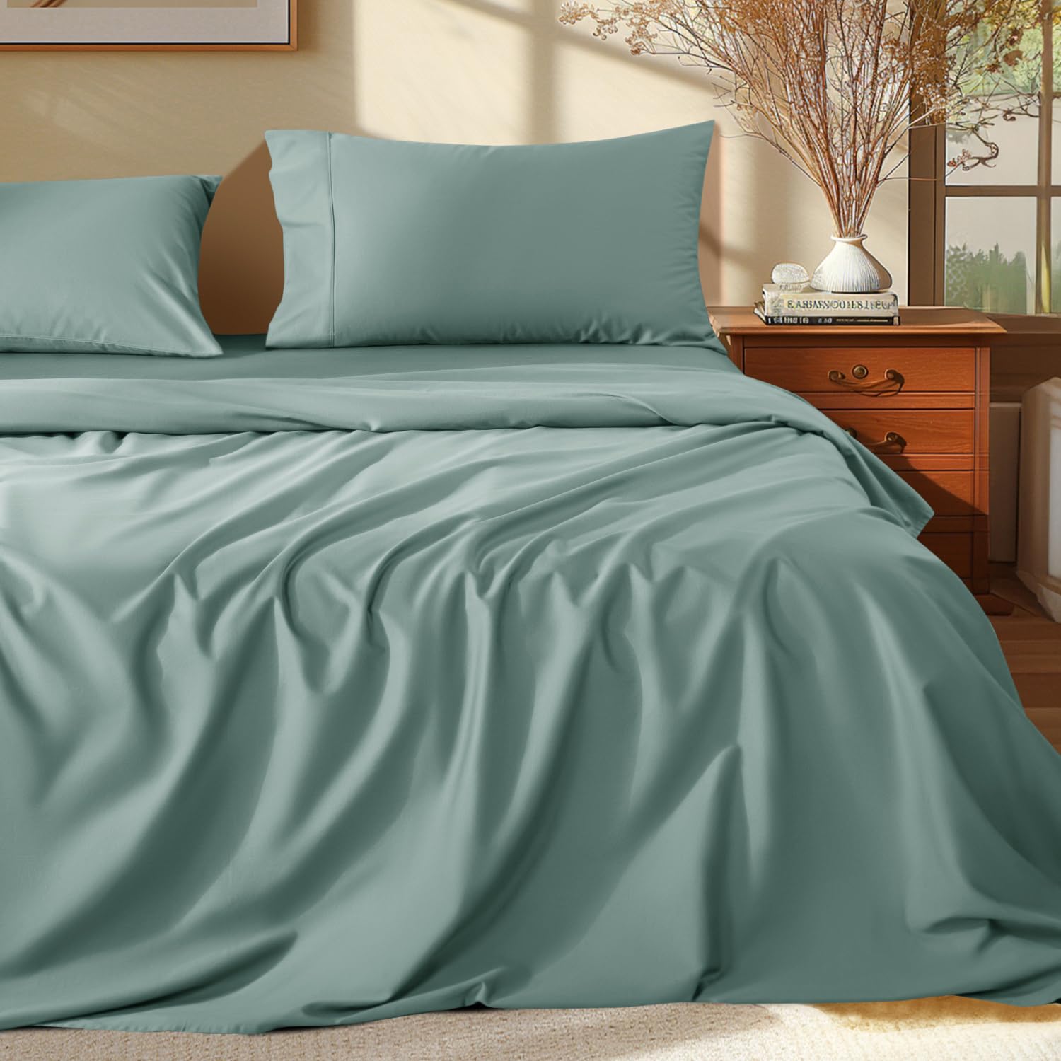 Shilucheng 100% Cotton Sheets, 4 Pieces Sheet Set, Breathable Cooling Bed Sheets with Deep Pocket Up to 16", Bedding Sheets & Pillowcases (King,White) — view 9