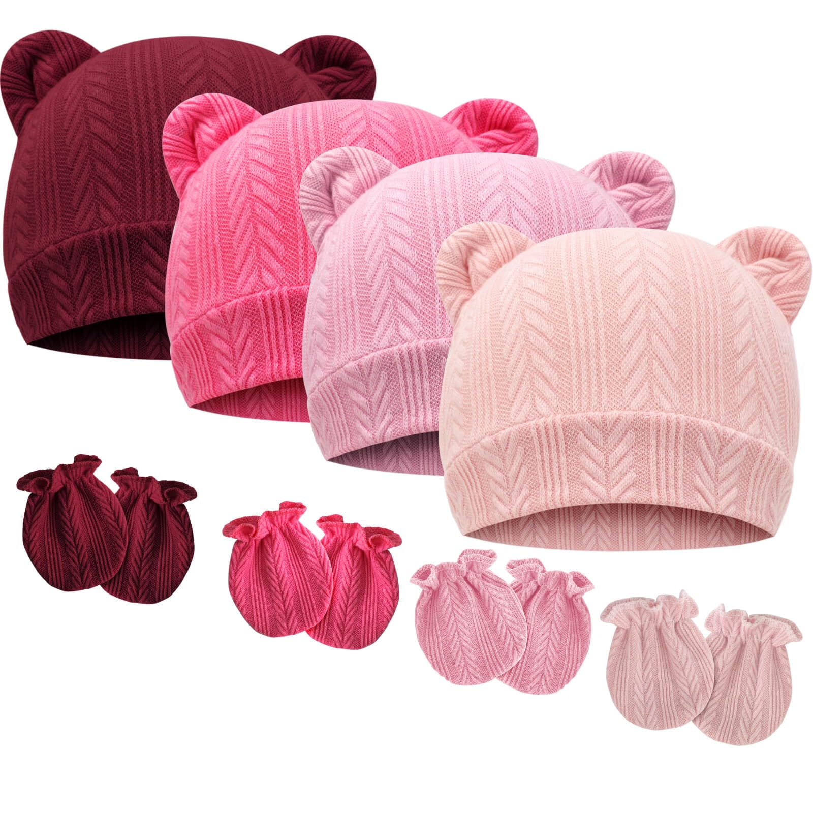 BQUBO Newborn Baby Hats Bear Ears and Mittens Sets Preemie Caps Baby Boy Girl Infant Hospital Beanie for 0-3 Months