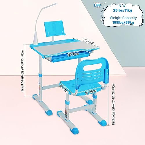 Miniatura 2 de Juego de escritorio y silla ajustable para estudiantes, escritorio escolar para niños de 3 a 15 años con escritorio inclinable de dibujoluz LED,