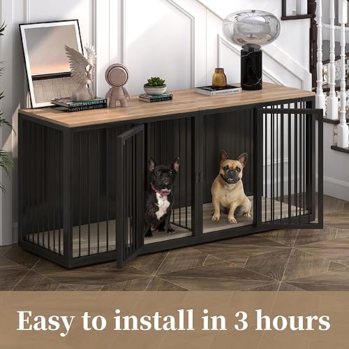 Miniatura 4 de Mueble grande para 2 perros, jaula de perro con marco de acero de 71.6 pulgadas con puertas dobles, perrera resistente para perros pequeños,