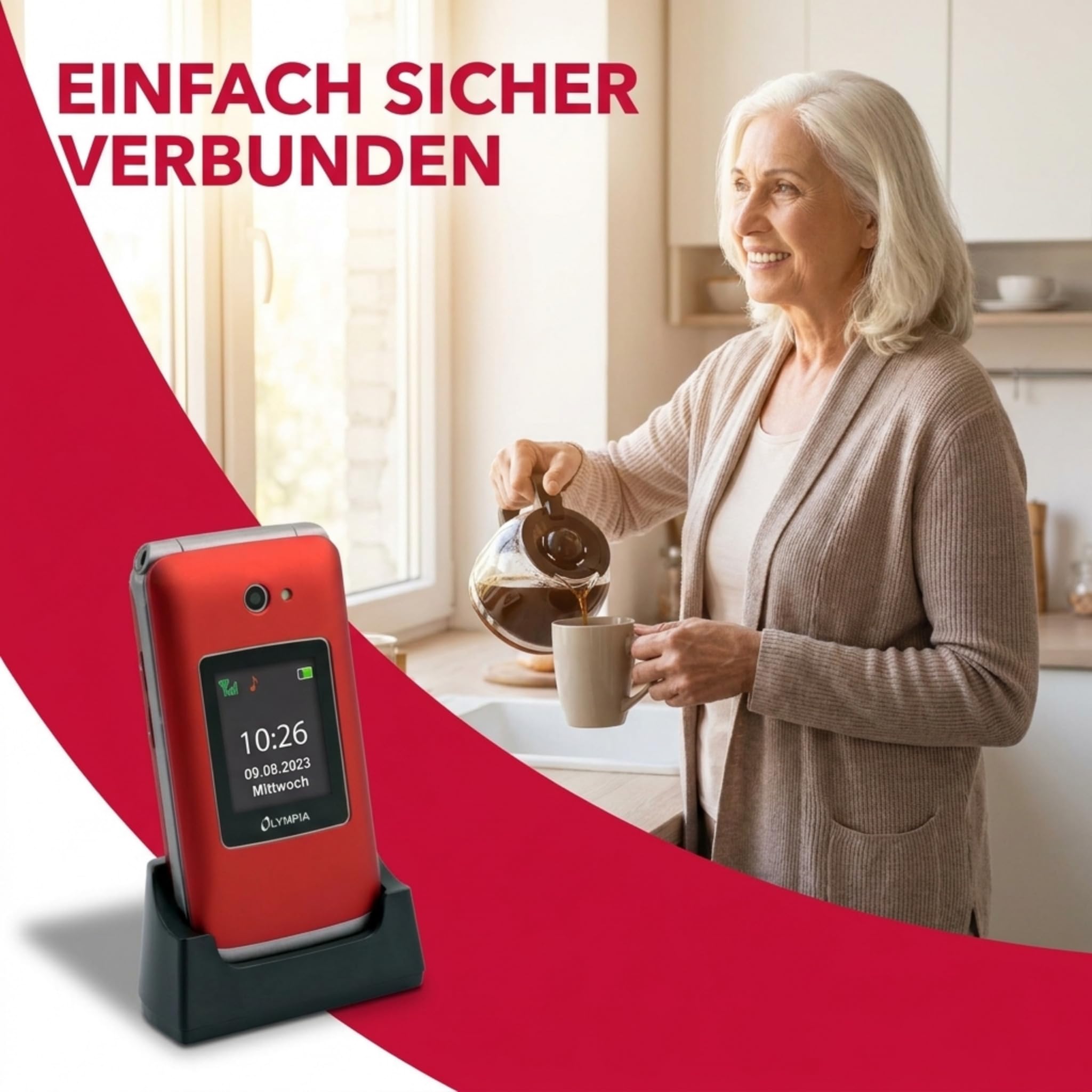 Olympia Vitus 4G Seniorenhandy | Klappbar mit Großtasten | Hörgerätekompatibel | Handy für Senioren | Notruftaste & SOS-Funktion | Farbdisplay | Kamera | Taschenlampe | Langlebiger Akku | Rot