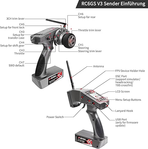 Miniatura 9 de Radiolink RC6GS V3 - Transmisor RC de 7 canales y receptor de giroscopio R7FG, control remoto RC de 2.4 GHz 1,968.5 ft, control remoto de telemetría
