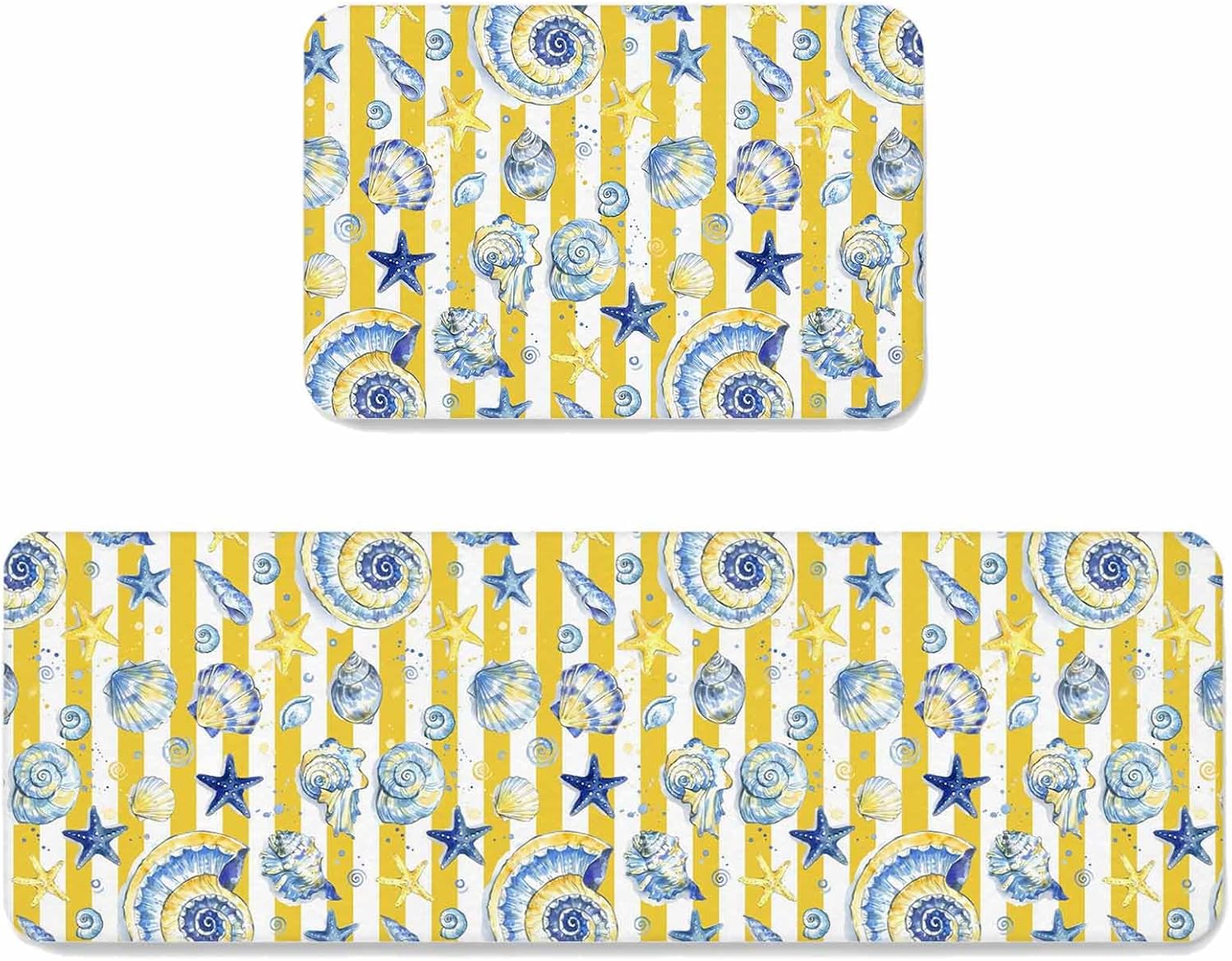 Summer Shells Kitchen Mat Set 2 Pieces Coastal Modern Conch Starfish Yellow Stripes Non Slip Kitchen Rugs Washable Runner Rug Mats for Floor Sink Laundry Office 23.6" x 35.4"+23.6" x 70.9"