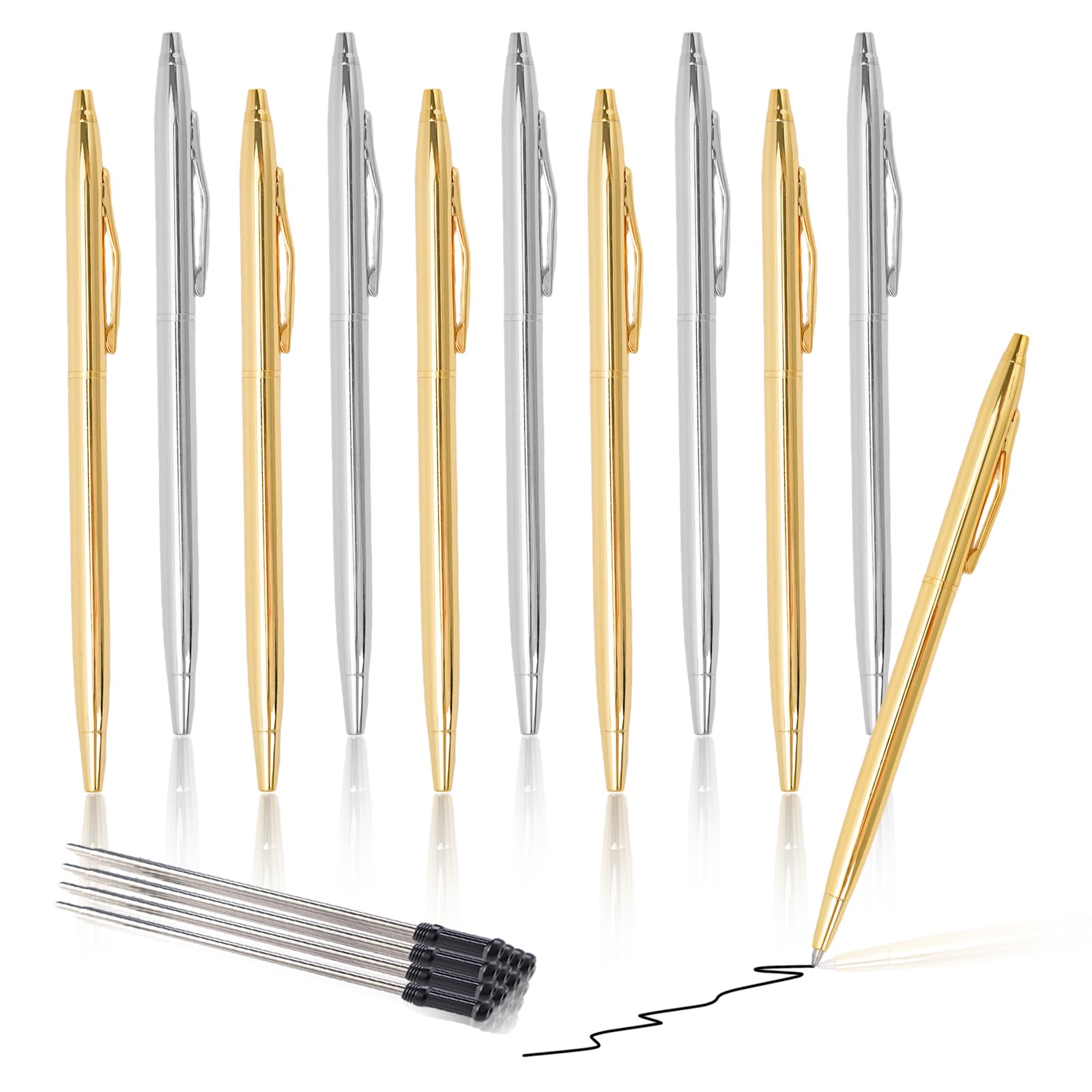 WATUNID 10Pcs Metal Ballpoint Pens with 10 Refills, 1.0mm Black Ink Gold Silver Slim Pen Set, Retractable Twist Action Business Pen with Stainless Steel Clip for Office, Teacher, Student, Wedding Gift