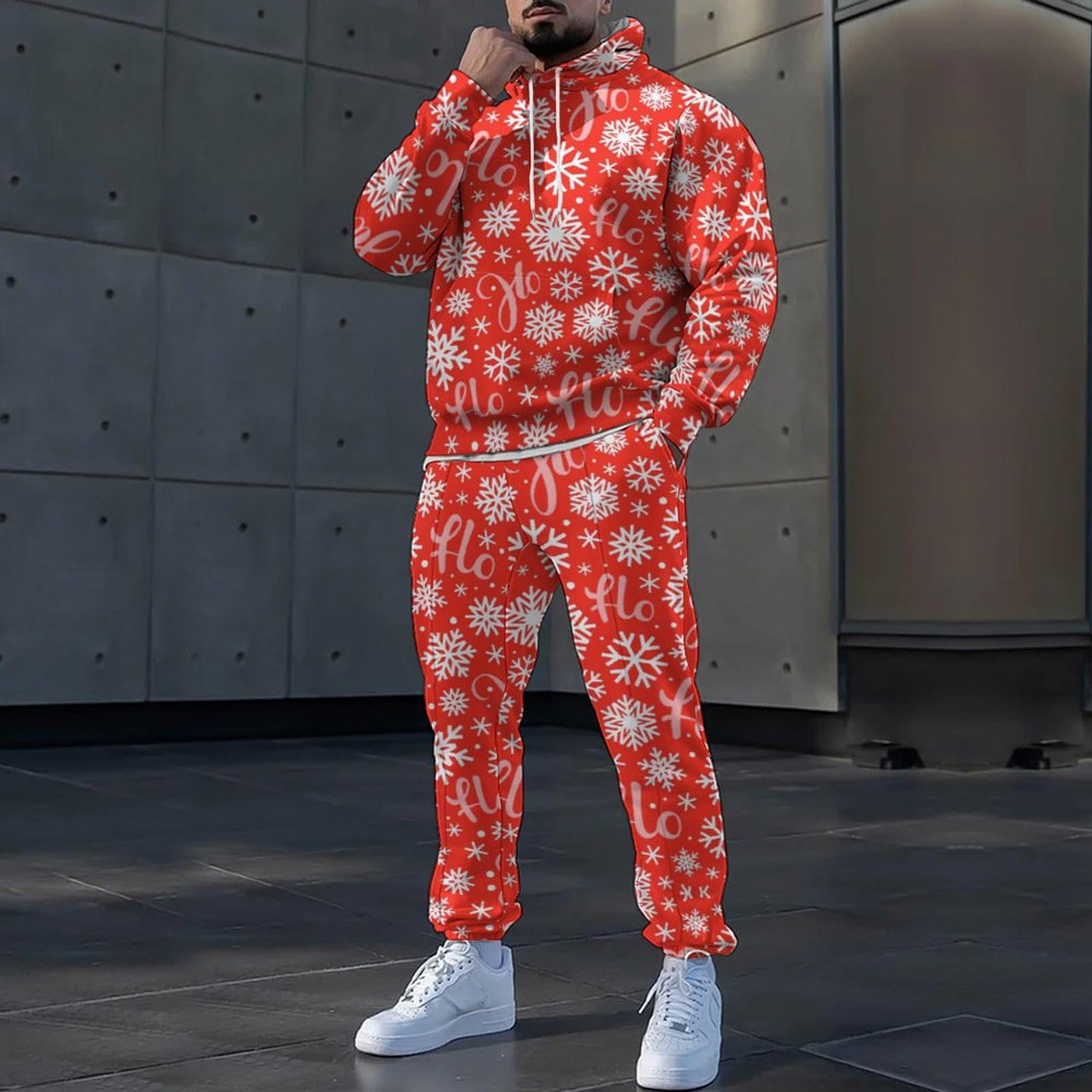 Générique Set di abbigliamento sportivo da uomo 2 pezzi Pantaloni della tuta con cappuccio stampati natalizi casual da uomo