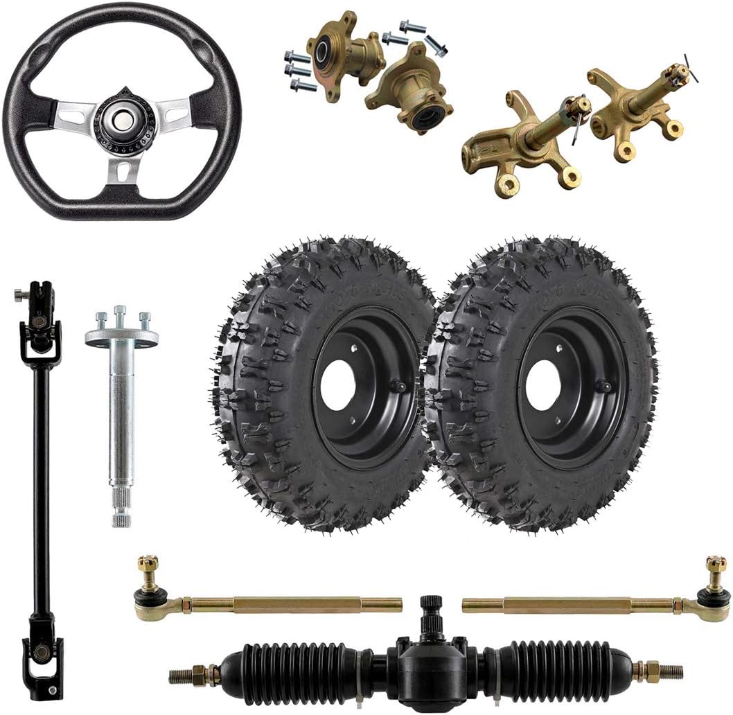 Pair 4.10-6 Tubeless Tires and Steering Wheel Assembly & Tie Rod Rack Adjustable Shaft & Front Wheel Hubs with Steering Knuckle Kit for 110cc 125cc Go Kart Bike