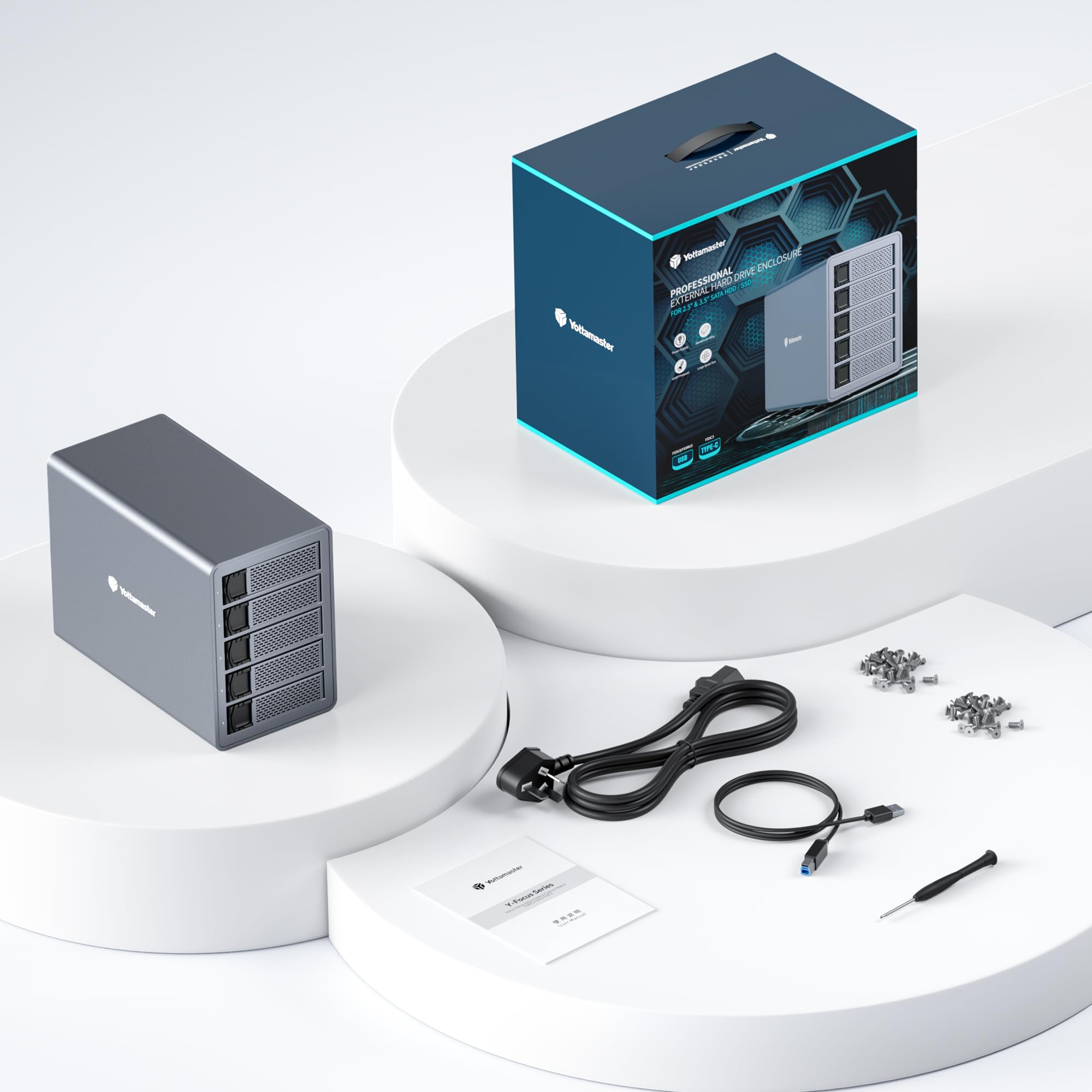 Yottamaster 5 Baies Boîtier Disque Dur Externe, USB 3.0 pour 2,5"/3,5" SATA HDD/SSD, Jusqu’à 5 × 24 to, Boîtier Multi Disque Dur en Aluminium avec Ventilateur Intégré de 80 mm