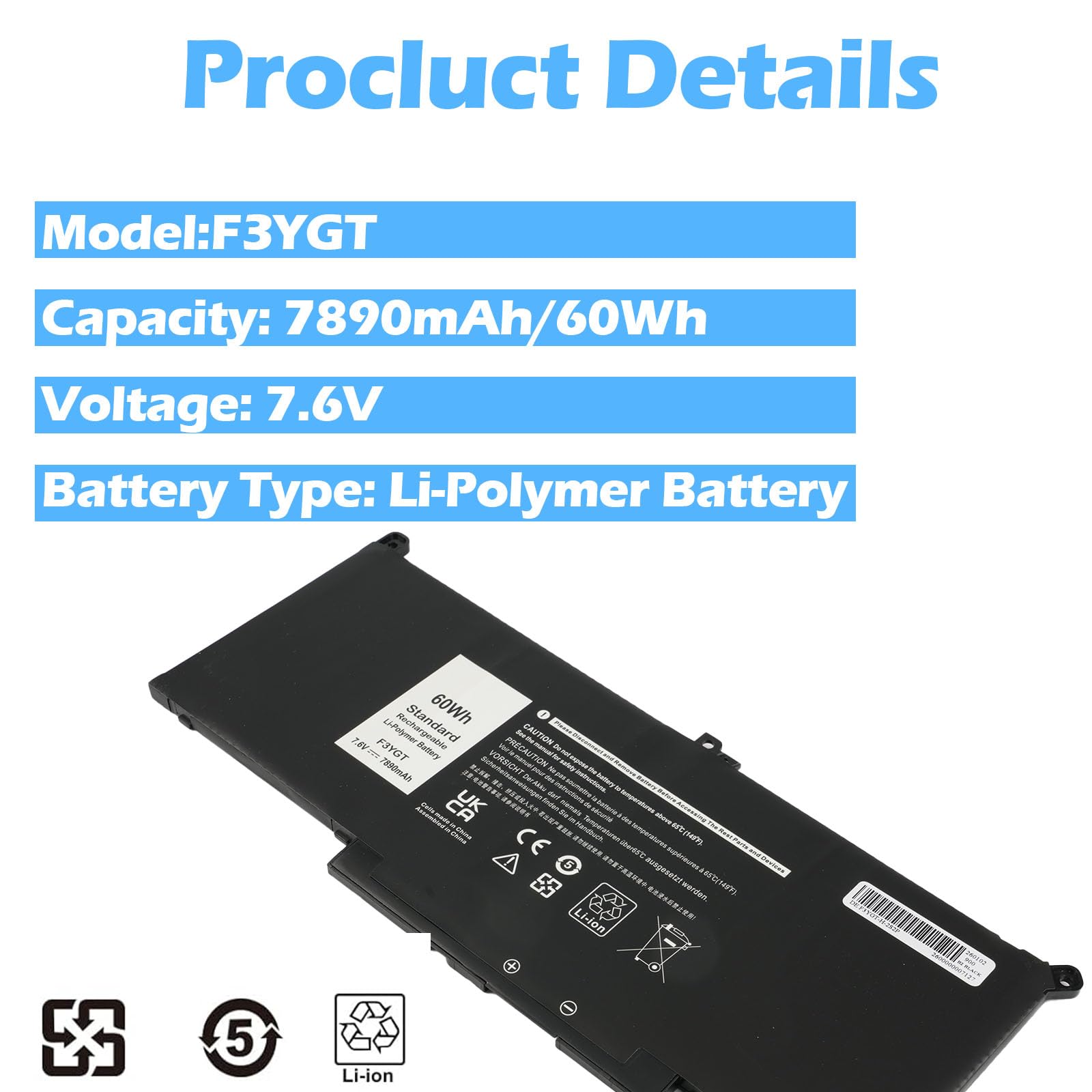 Laptop-accu F3YGT voor oa Dell Latitude 7280, 7480, E7480 - 7600mAh