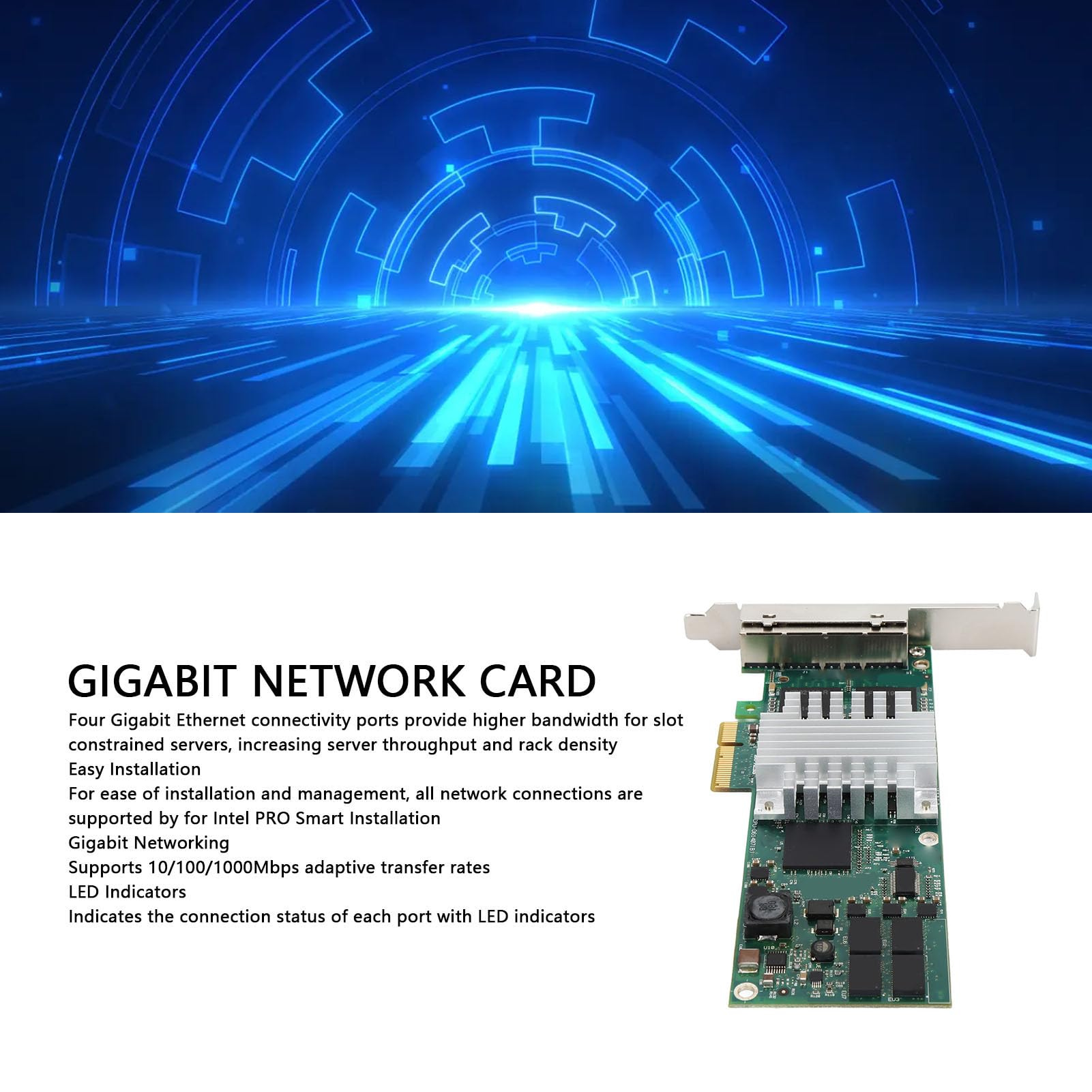 Carte Réseau Gigabit, Adaptateur Réseau Gigabit 4 Ports Port RJ45 PCIE X4 10 Mbps 100 Mbps 1000 Mbps Adaptateur Réseau Gigabit Ethernet avec Indicateur LED, pour 82571 Go
