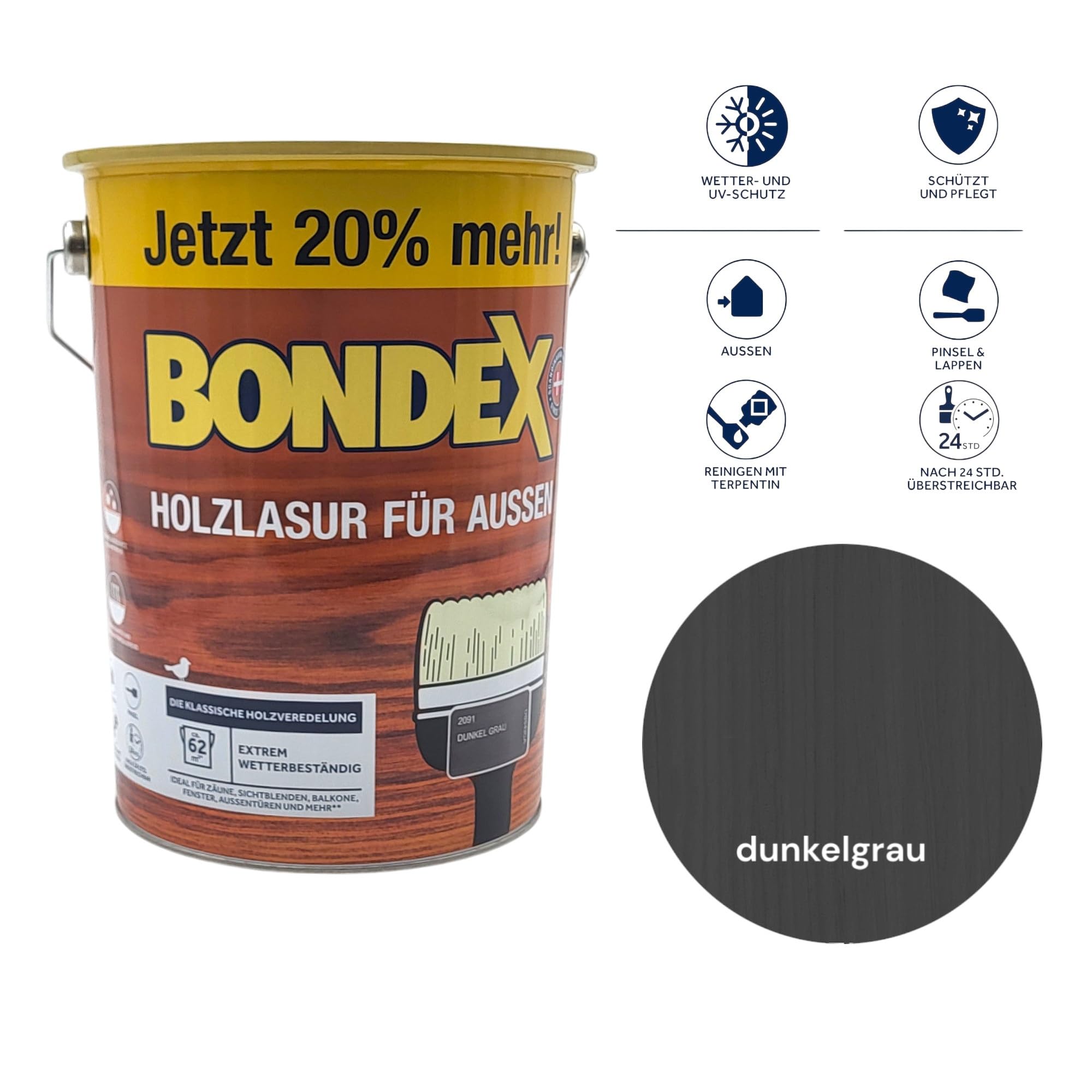 zbs24 Bondex Barniz para madera para exterior gris oscuro, 4,8 litros, incluye juego de 3 pinceles, alta resistencia a la intemperie, protección intensa contra la humedad
