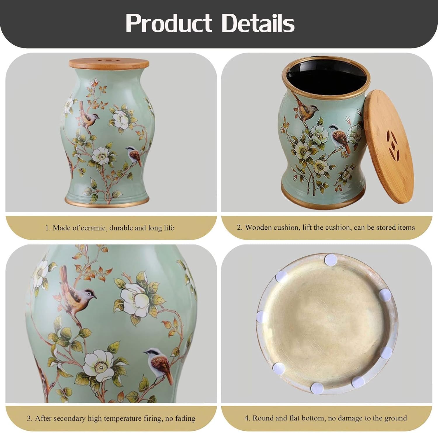 Decorative garden stools, Decorative Ceramic Garden Stool, Glazed Flower and Bird Side Changing Stool, Suitable for Living Room, Balcony, Garden, Etc.(M)