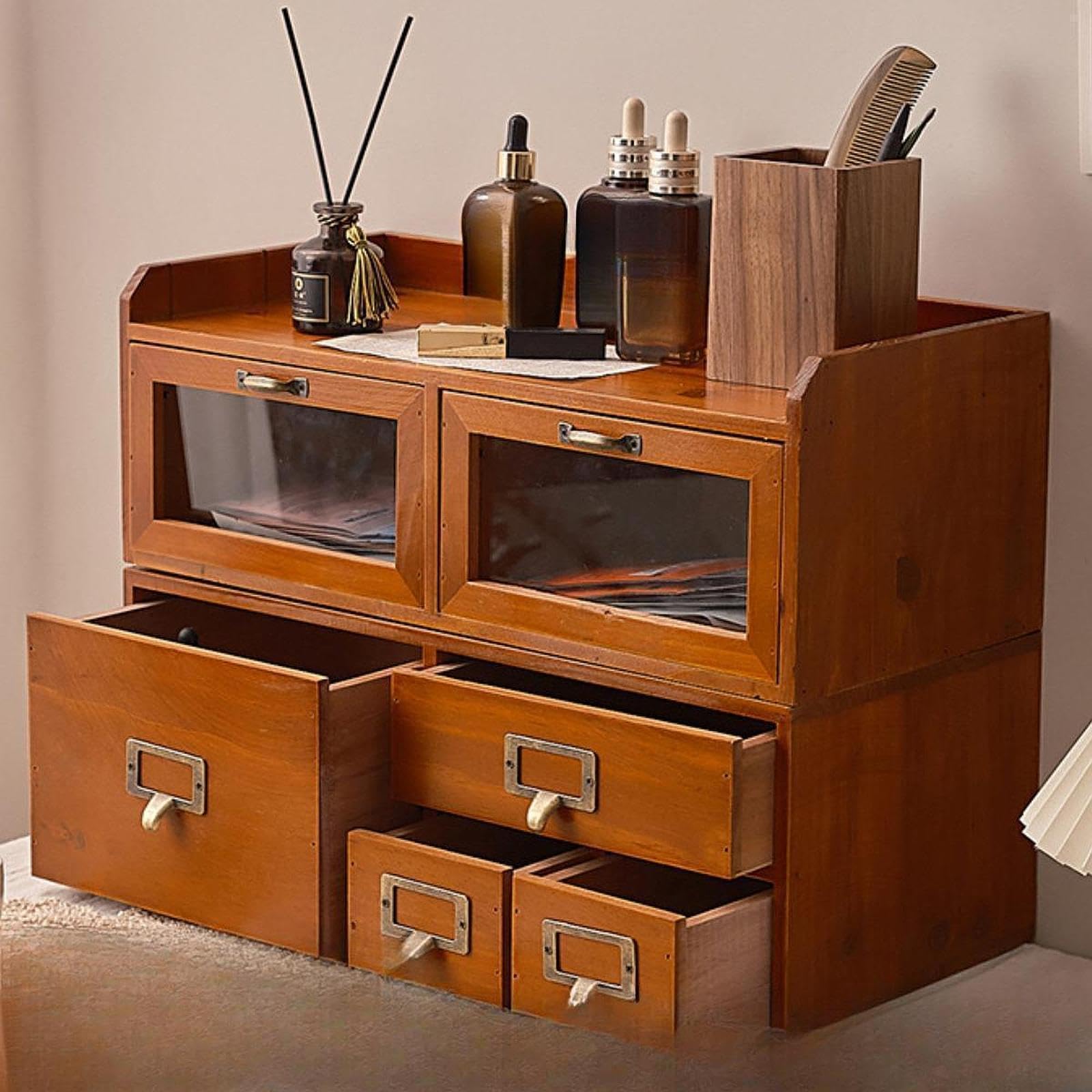 Schreibtisch Organizer Aus Holz mit Schubladen, Multifunktionaler Schreibtisch Organizer, Aufbewahrungsschrank für Toilettenartikel Und Briefe, 4 Schubladen
