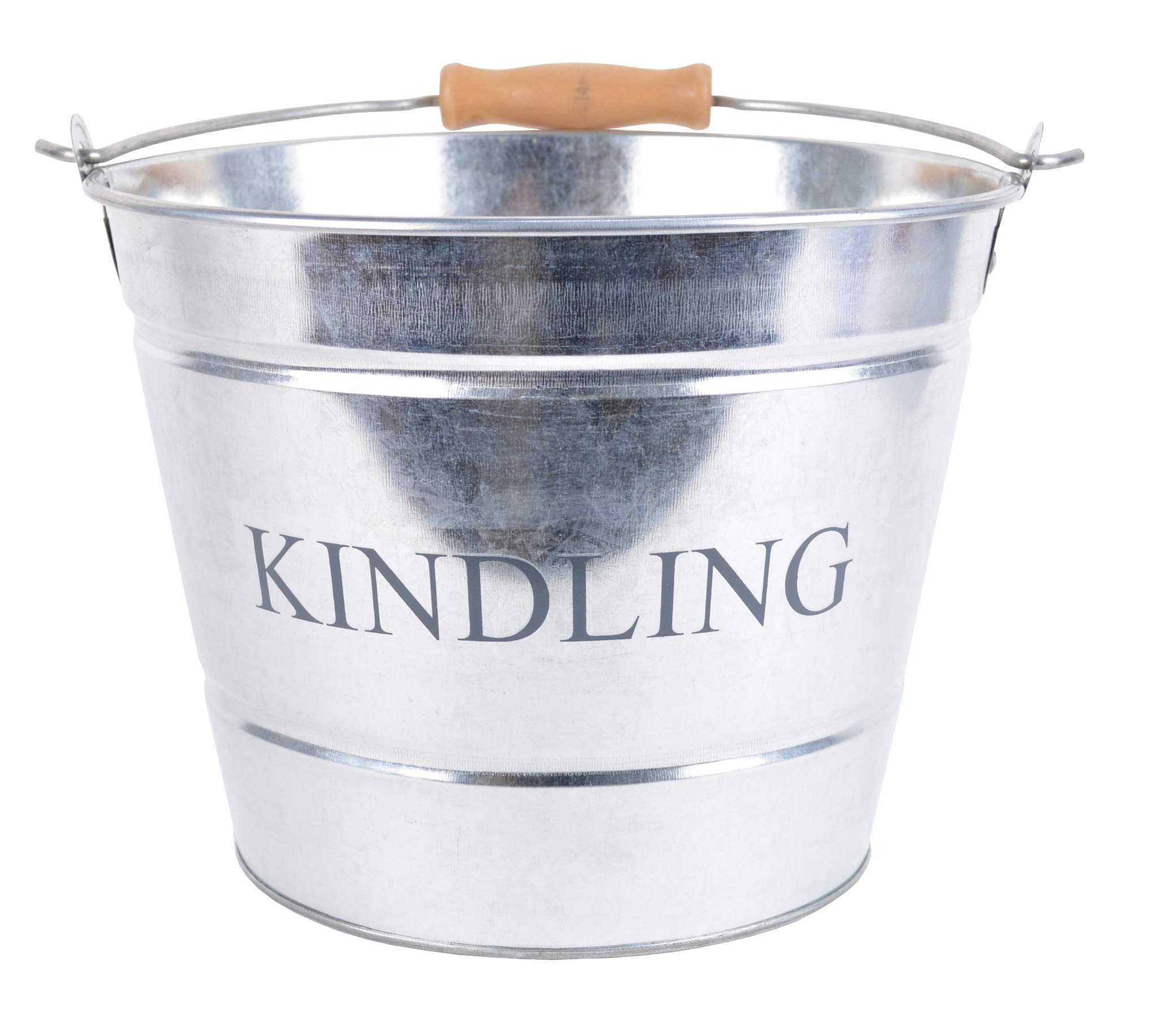 Small Metal Fireside Kindling Bucket with Wooden Handle - Diameter of 23cm (9'') - Galvanised Finish
