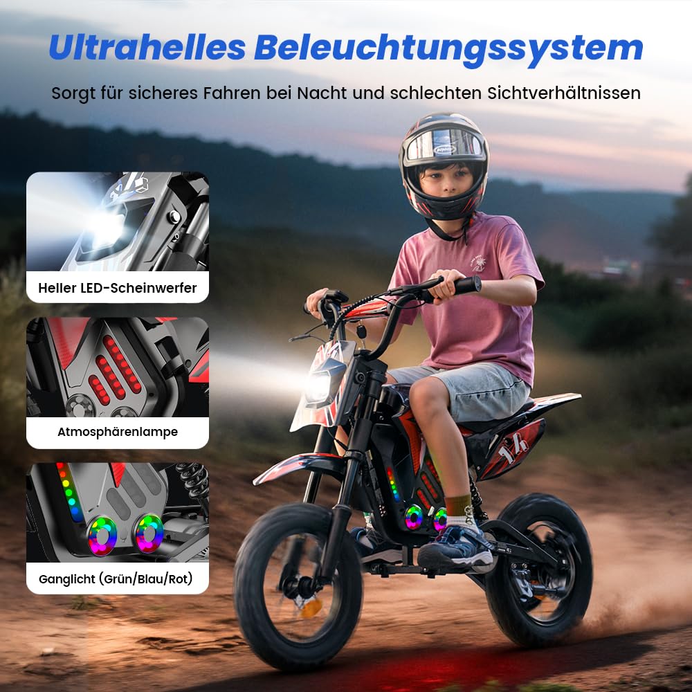 A14 Elektro Motorrad Kinder | 36 Volt 250 Watt Motor bis 22 km/h | E Bike | Dirt Bike | Electric Bike | Motocross |14 Zoll Kinder Motorrad elektrisch | Pocketbike | Dirtbike ab 6 Jahren (Rot)