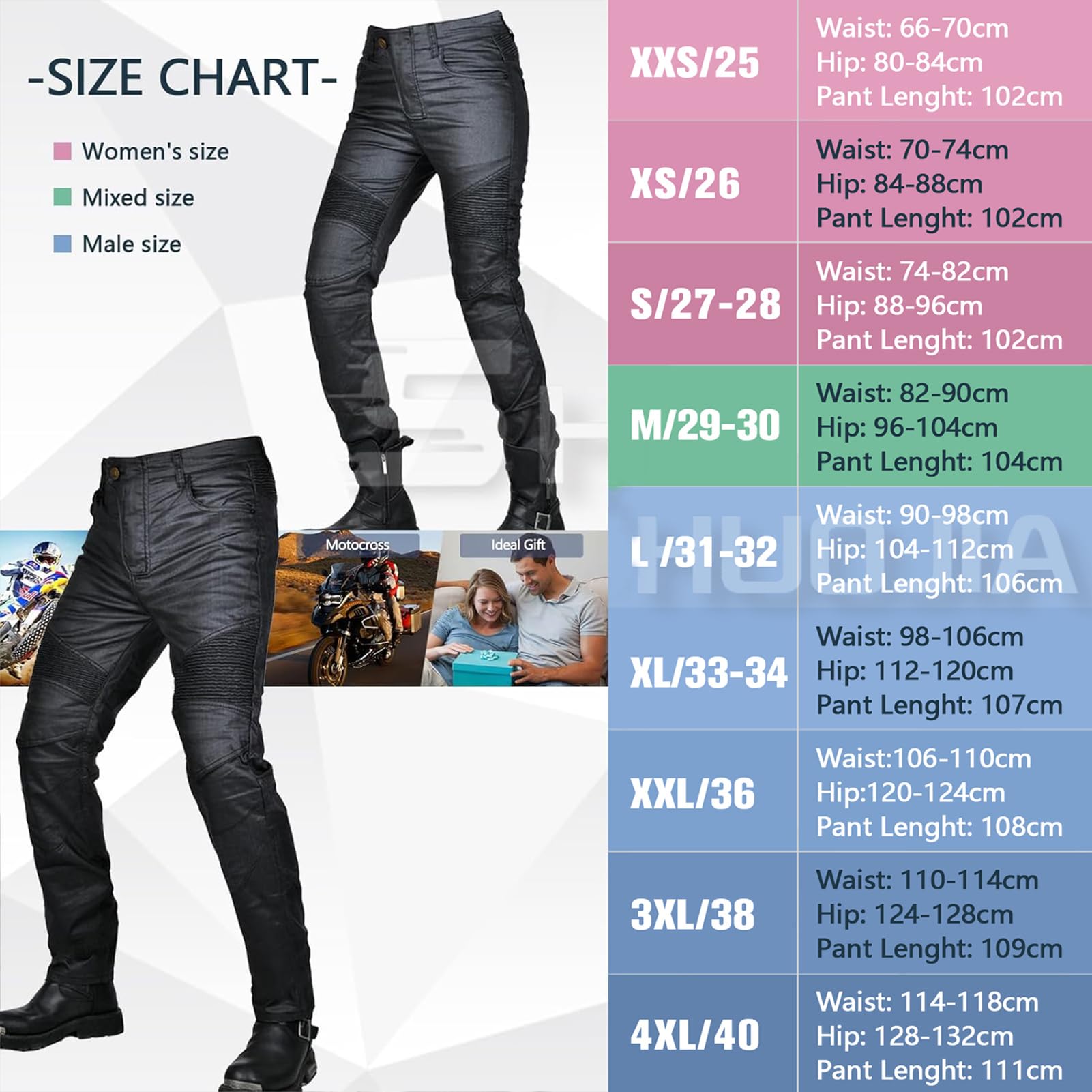Jeans de Moto pour Femme, Pantalon en Jean avec Revêtement Imperméable et Protections, Pantalon d'Hiver à Coupe Ajustée avec 4 Coussinets de Protection