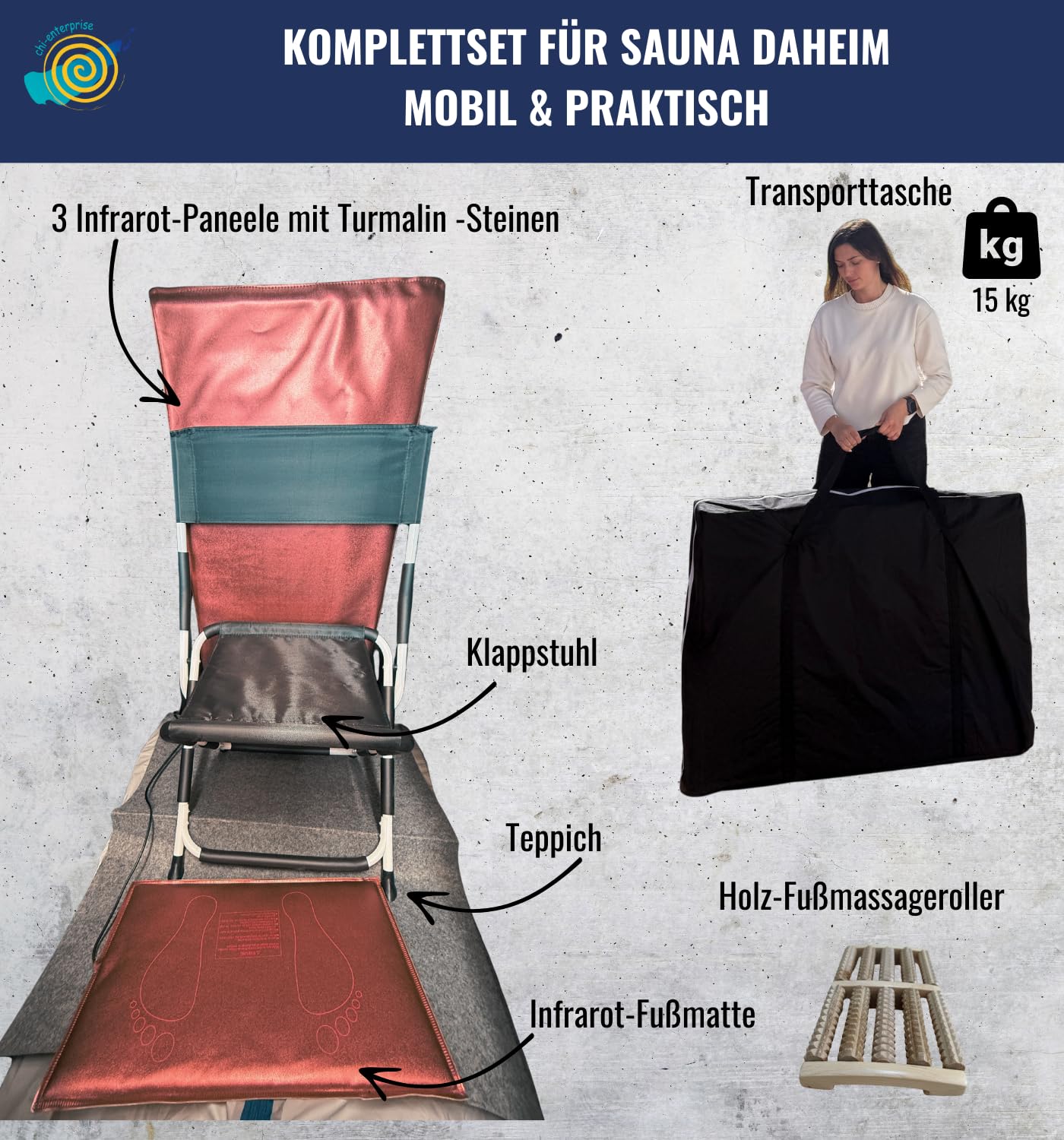 chi-enterprise Turmalin-Infrarotsauna XL Deluxe – Portable Faltbare Sauna für 1 Person, 1000 Watt, mit Klappstuhl, Fußmatte & Zubehör im Set, dunkelblau 105,5x81x96 cm