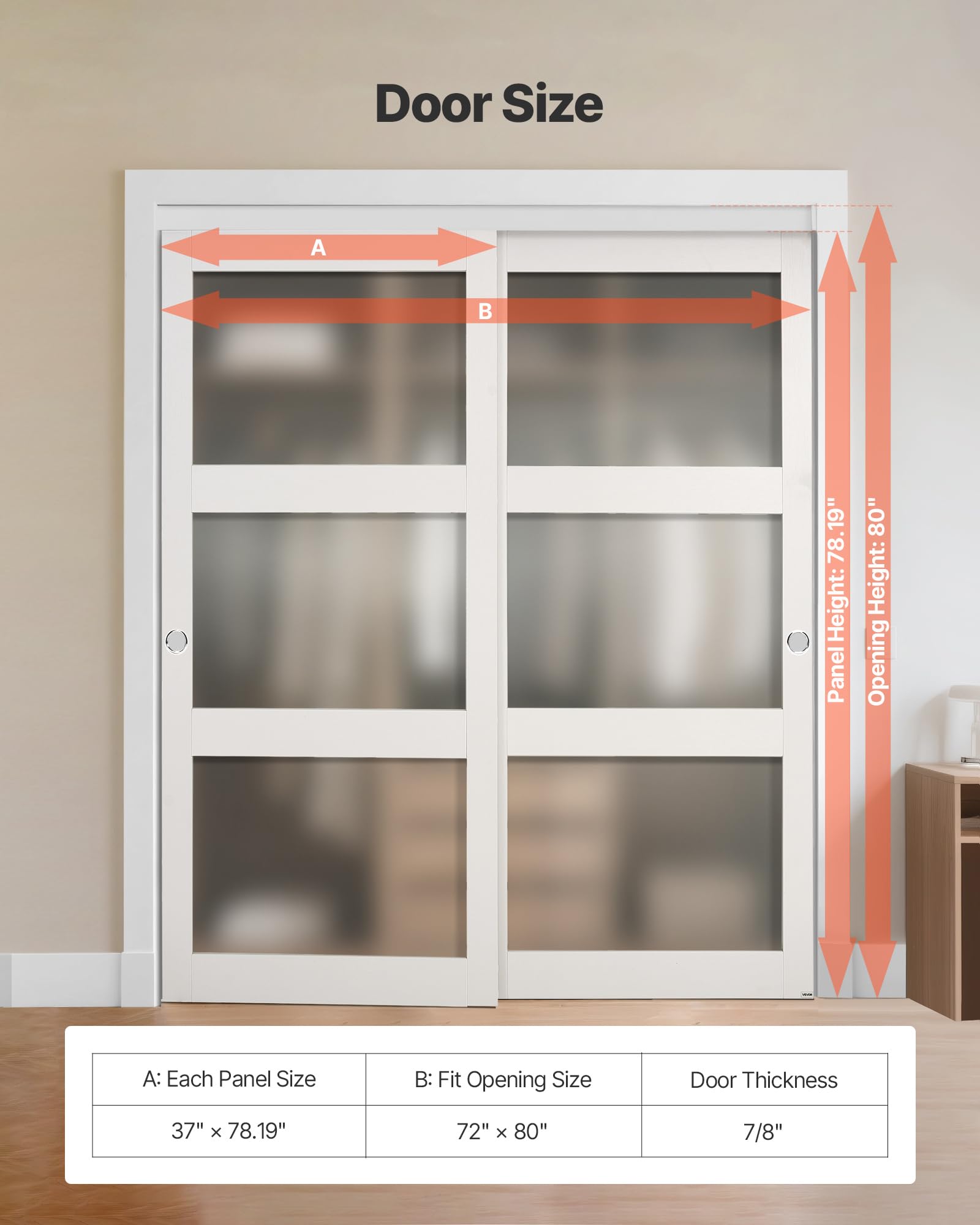 VEVOR Puerta Corrediza de Armario, para Huecos de 1829 x 2032 mm, Puerta Doble de 3 Paneles de Vidrio Esmerilado con Kit de Herrajes, Madera Maciza y MDF, Superficie de PVC Impermeable, Blanco