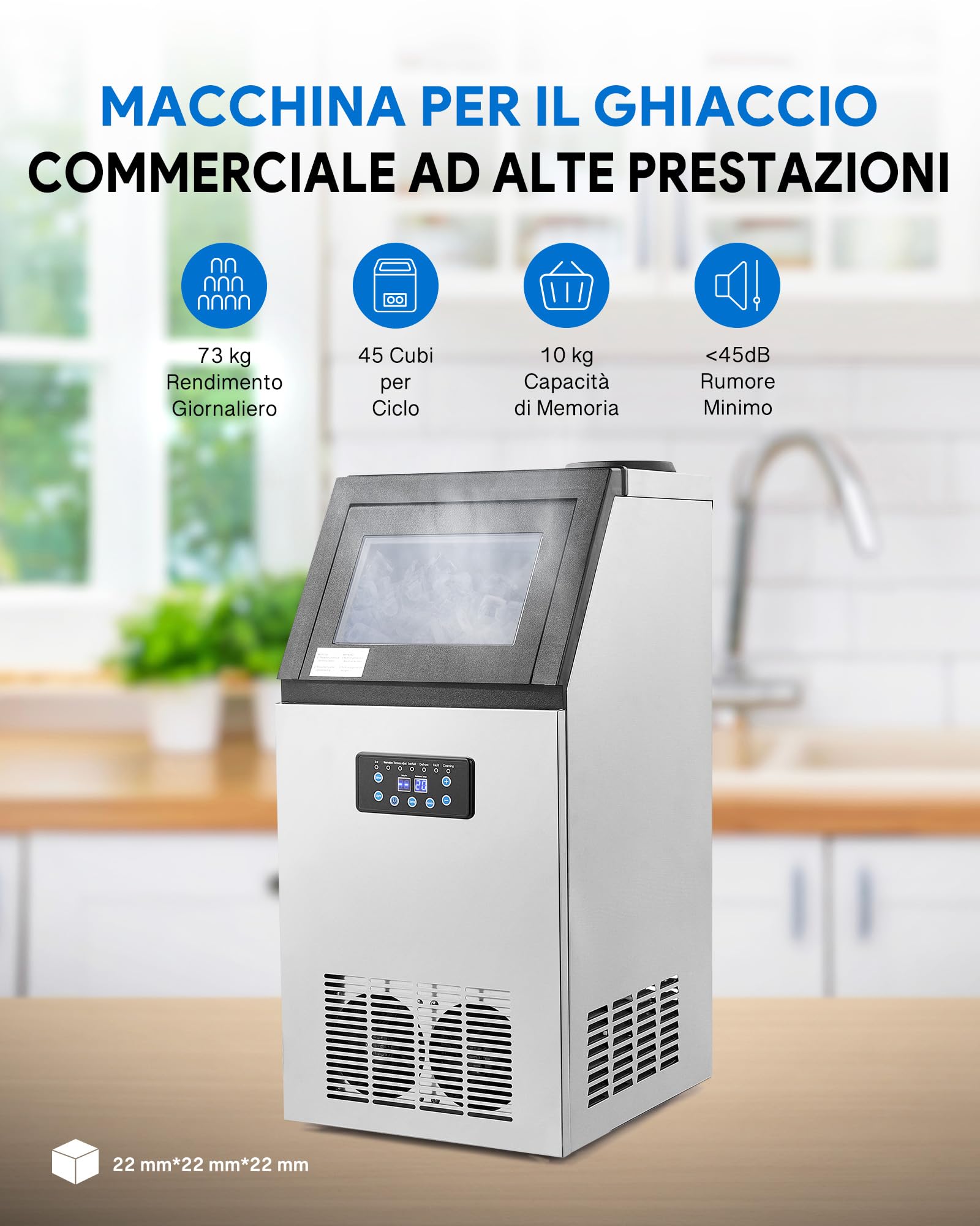CREWORKS Macchina Ghiaccio Professionale 73kg/24h in Acciaio Inox | Stoccaggio 10kg 45 Cubetti/Ciclo Schermo LCD Autopulente Fabbricatore Ghiaccio Commerciale per Casa Ufficio Ristorante Bar
