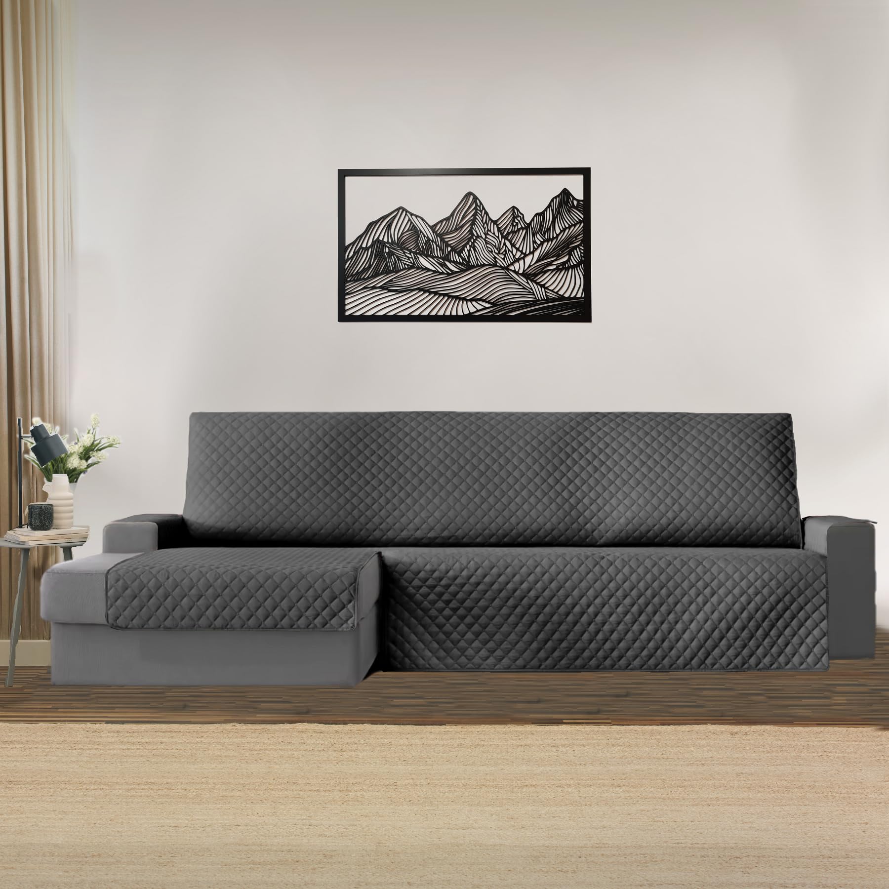 Funda Chaise Longue Brazo Derecho 240cm, Cubre Sofá Ajustable y Lavable, Protector Antimanchas y Resistente, Ideal para Mascotas, Diseño Moderno y Cómodo para el Hogar (Gris/Gris)