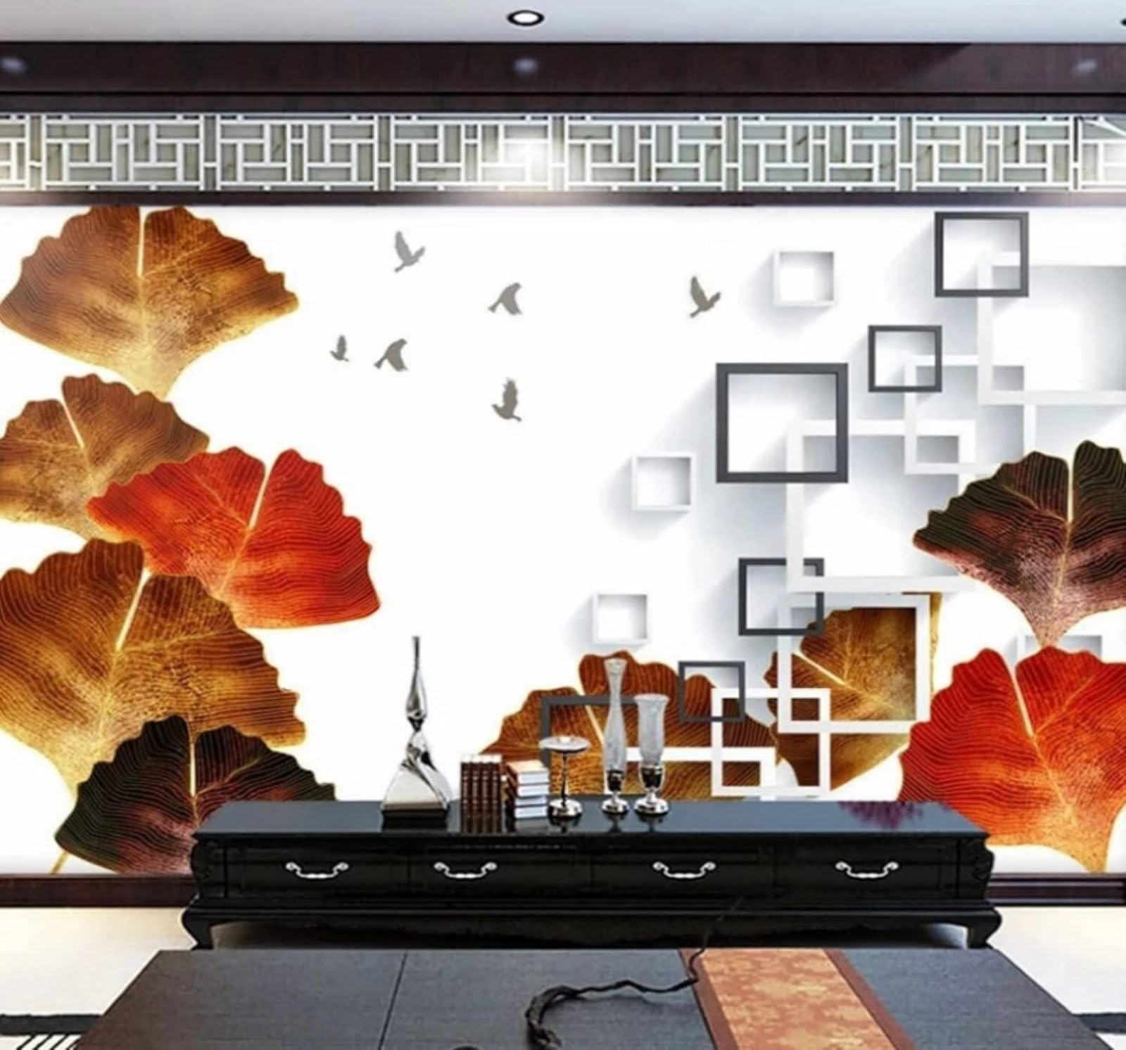 Xlming 430Cm×300Cm(B×H) Abstract Three Dimensional Ginkgo Leaves Flying Birds Square 3D Wallpaper Luxury Home Dining Decor Paste Sofa Living Room The Wall For Bedroom Mural-430Cm×300Cm