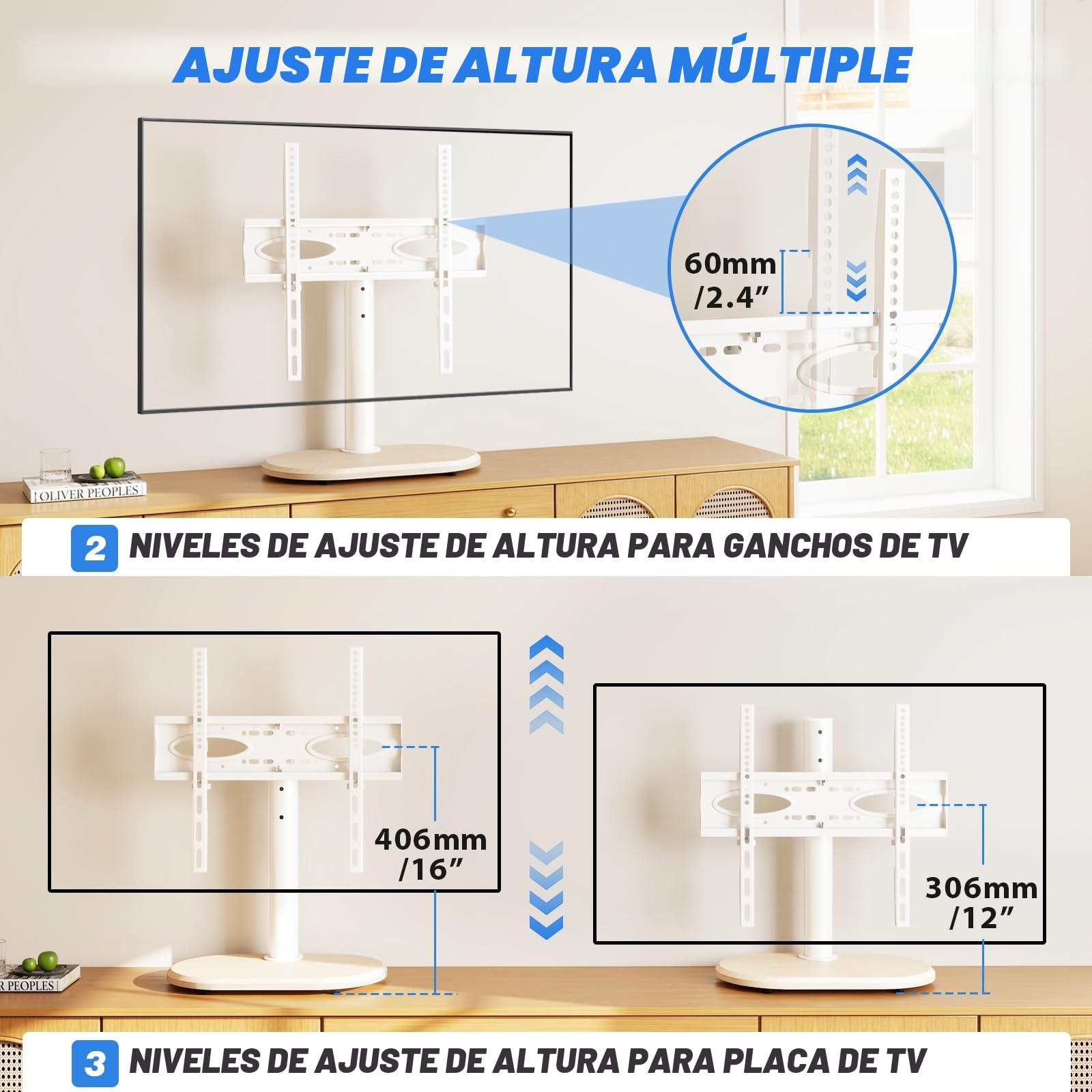 TVON Soporte TV Mesa para Televisores de 26 a 60 Pulgadas, Soporte Giratorio con Ajuste de Altura y Base Redonda, Pedestal de TV de Roble Blanco, Carga Máxima 40 kg, VESA Máx. 400x400 mm