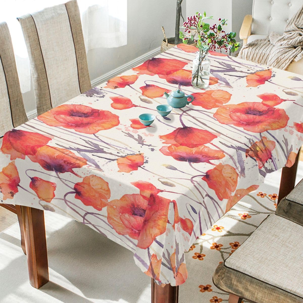 CHIFIGNO Watercolor Red Poppies Tablecloths 54"(W) x 72"(L), Tablecloths for Rectangle Tables Table Covers for Holiday Kitchen Dining Room Party Picnic