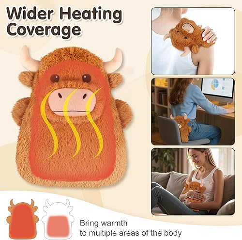 Miniatura 5 de Highland Cow Almohadillas térmicas para microondas para vientre, cuello y hombros, felpa calentable con calor húmedo, funda de felpa extraíble,