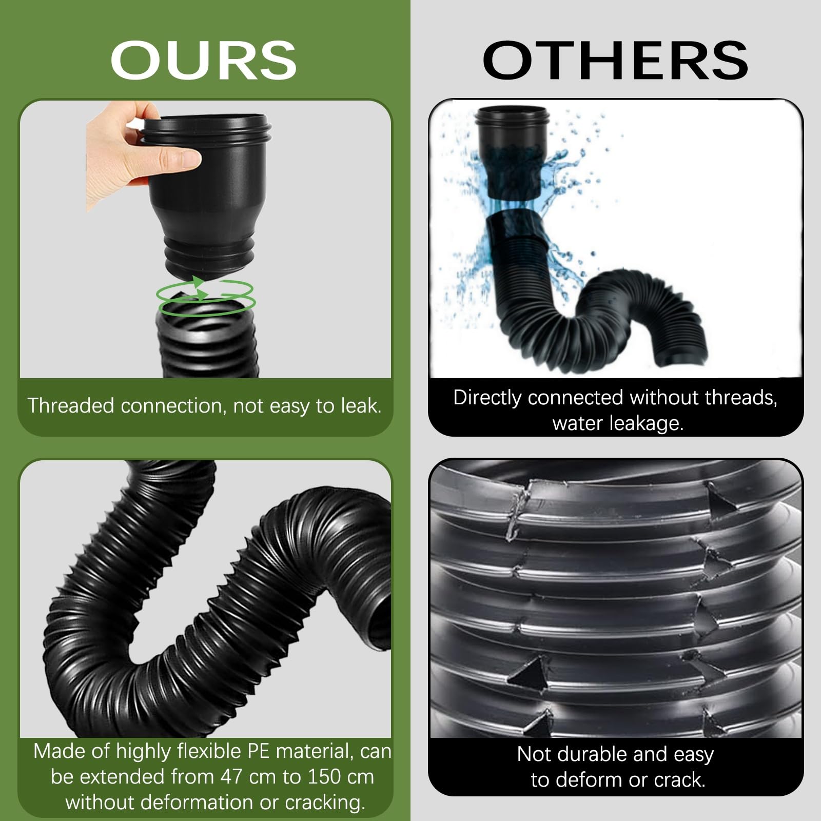 1pcs Extensions de Tuyau de Descente de Gouttière, Rallonge de Tuyau de Drainage d'eau de Pluie de 47 à 150 cm, Connecteur De Vidange Bec Gouttière Extensible Rétractables Flexibles, Noir
