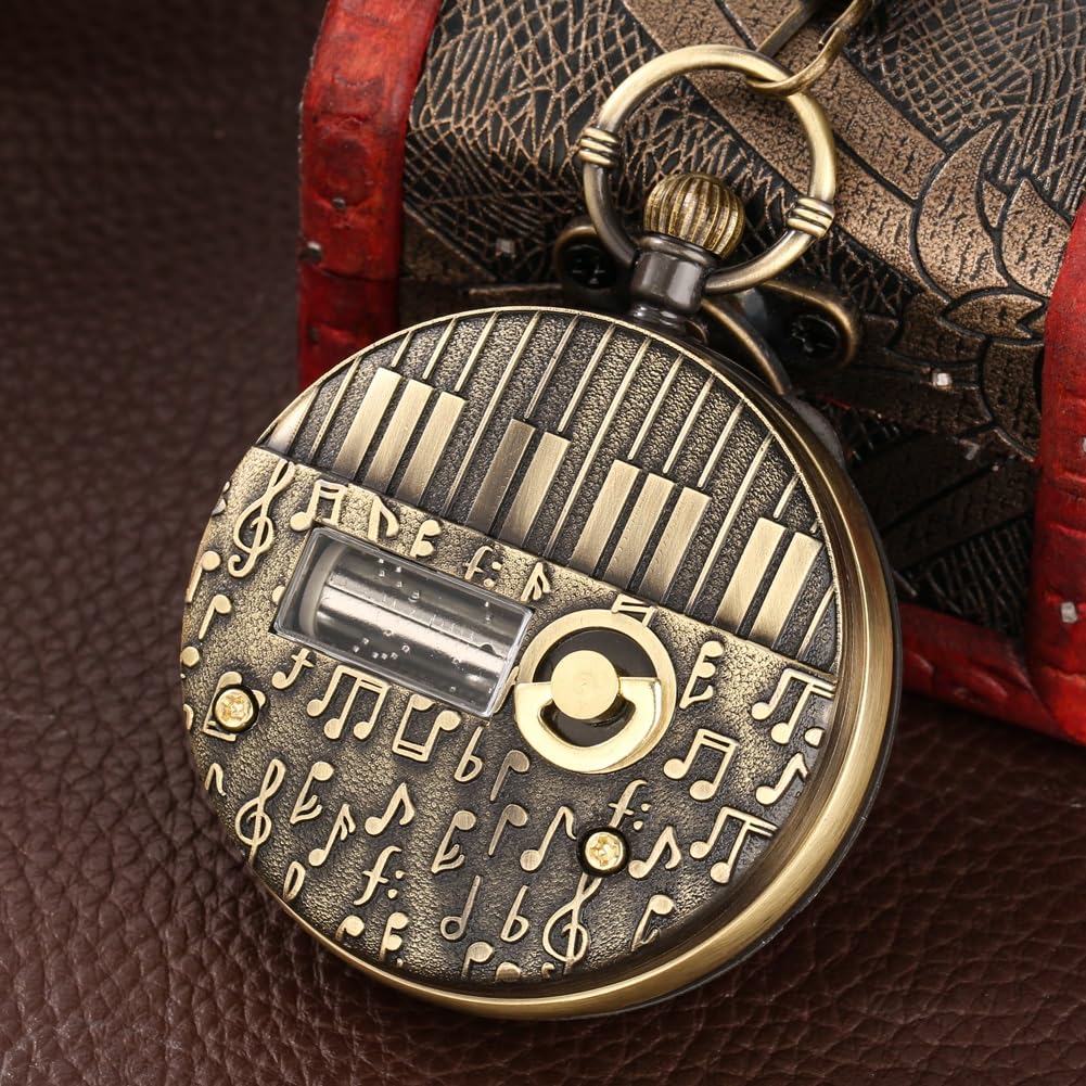 Reloj de Bolsillo Musical Retro Punk for Hombre, Reloj con Colgante de Cadena, Estilo Antiguo, tamaño Grande, exhibición de música, Reloj de Bolsillo, Regalos (Color : Bronze)