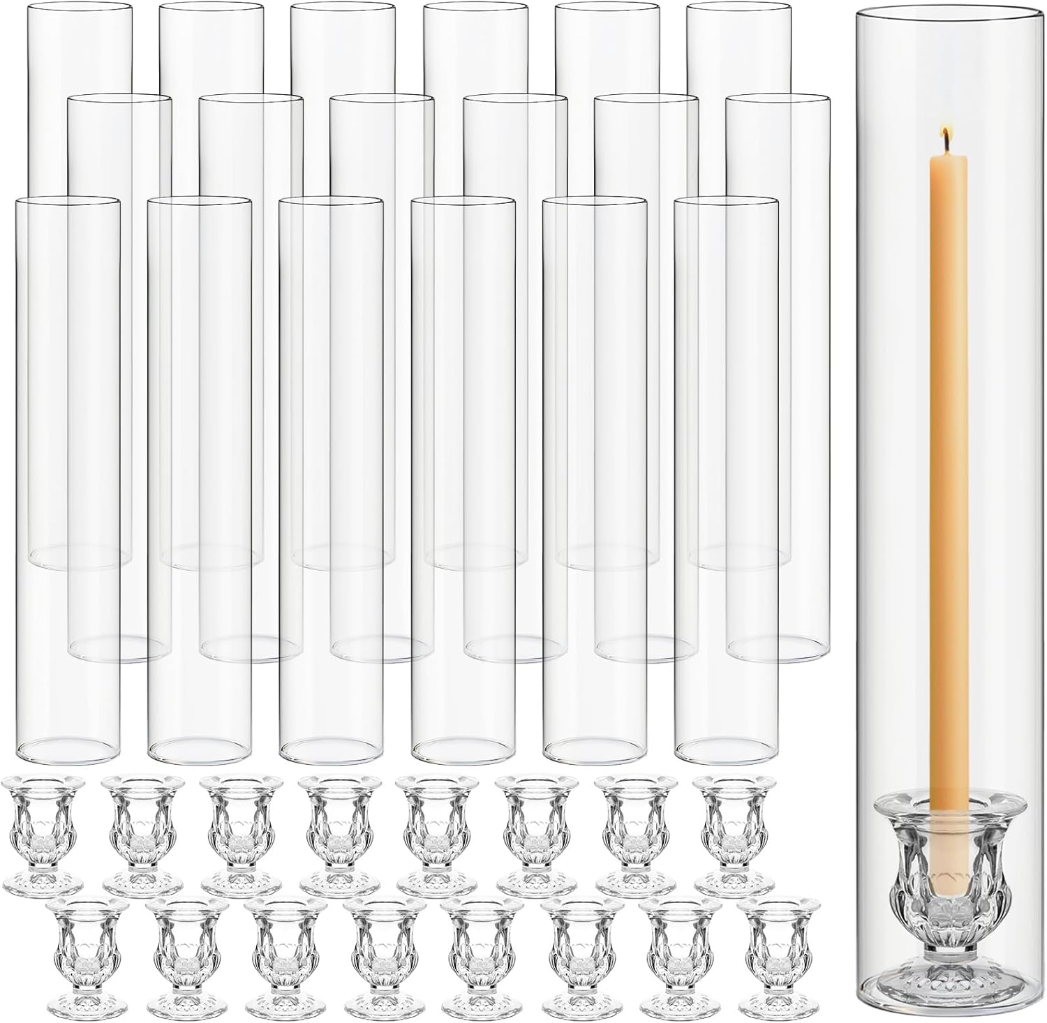 24 Set Glass Hurricane Candle Holders 11.8" Open Ended Glass Candleholder Tube Shape Bottomless and 1.9" Taper Clear Candlestick Holders for Wedding Party Table Centerpiece