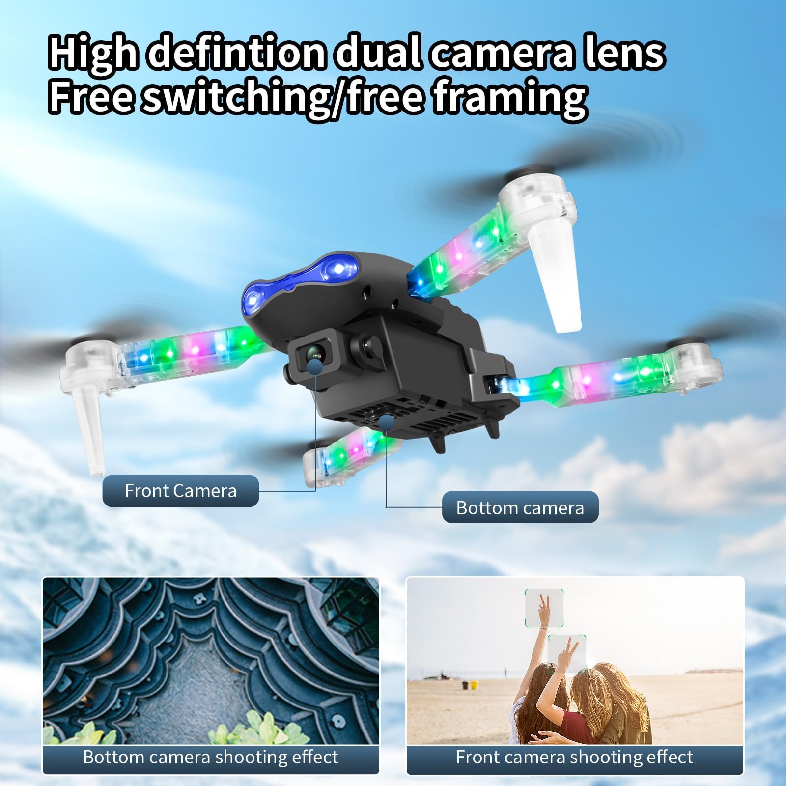 OBEST Drones con Camara 1080P y Luz LED Colores, FPV Plegable RC Drone | Modo sin Cabeza Giro 360° Foto Gesto 2 Batería20 Mins Despegue/aterrizaje un clic, Regalos Navidad Juguetes para Adultos