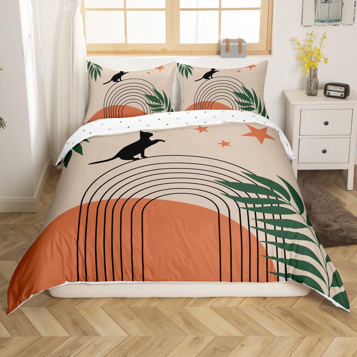 Homemissing Bohomian Cat Duvet Cover Set King Size For Kids Girls Teens Women Modern Striped Art Bedding Set Boho Style Comforter Cover with 2 Pillowcases Geometric Boho Exotic Beds Set