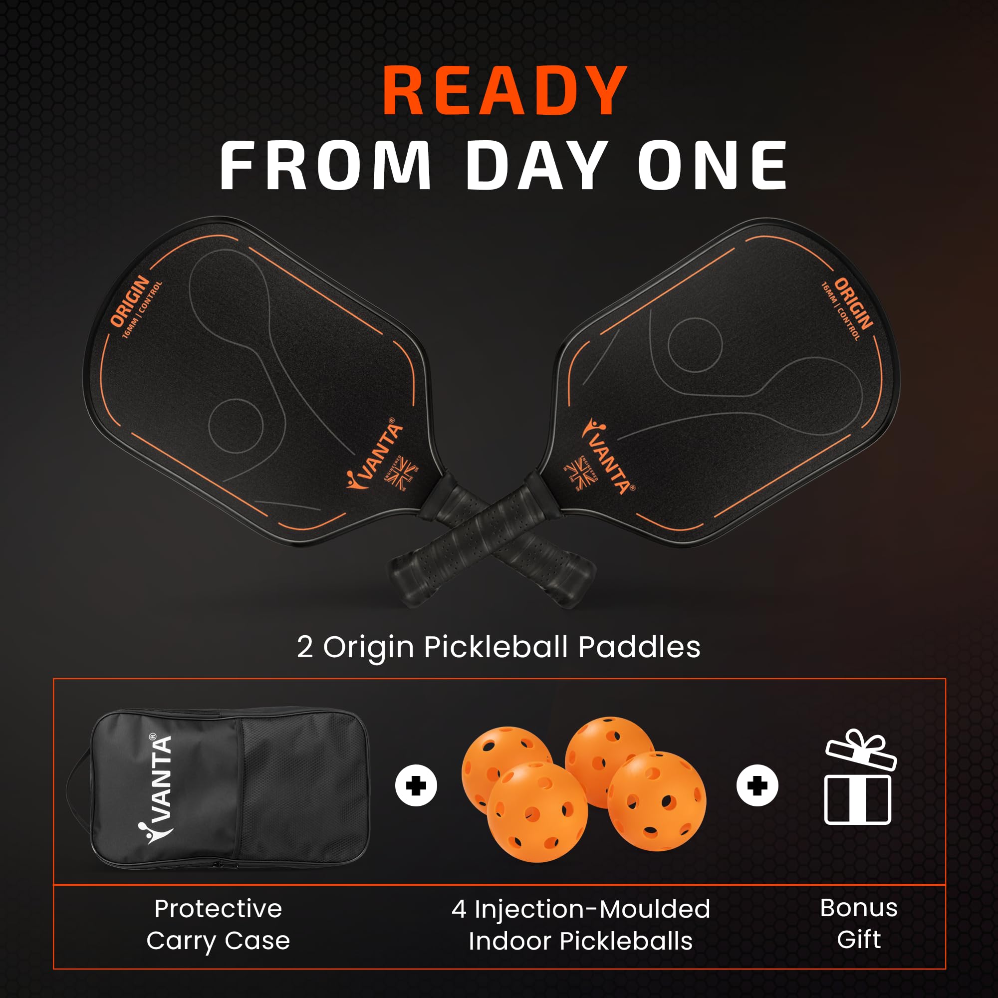 VANTA ORIGIN | Set di pagaie per pickleball per principianti | 2 pagaie, 4 palline e custodia | Due pagaie da 16 mm, 4 palline da interno e custodia per il trasporto in un set completo per principianti, coppie e famiglie.