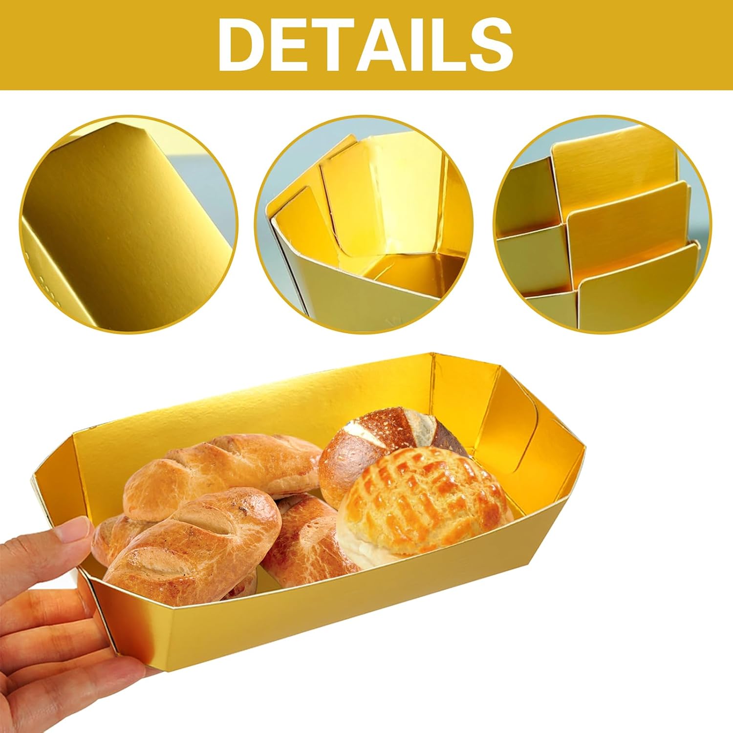 50PCS Gold Disposable Paper Food Boats - Heavy-Duty Trays for Serving Nachos, Hot Dogs, Snacks, BBQ, Parties & Festivals