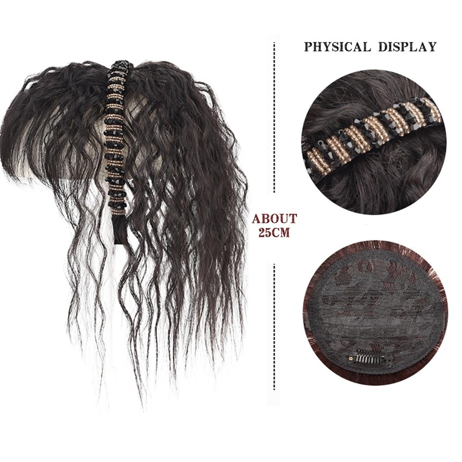 Haartopper für Frauen Kunsthaar-Topper mit Strassband, 25,4 cm, kurze, lockige Haarteile mit Pony, künstliche Haarverlängerungen, Clip-in-Wellen, lockige Haarteile for dünner werdendes Haar Haarteil T