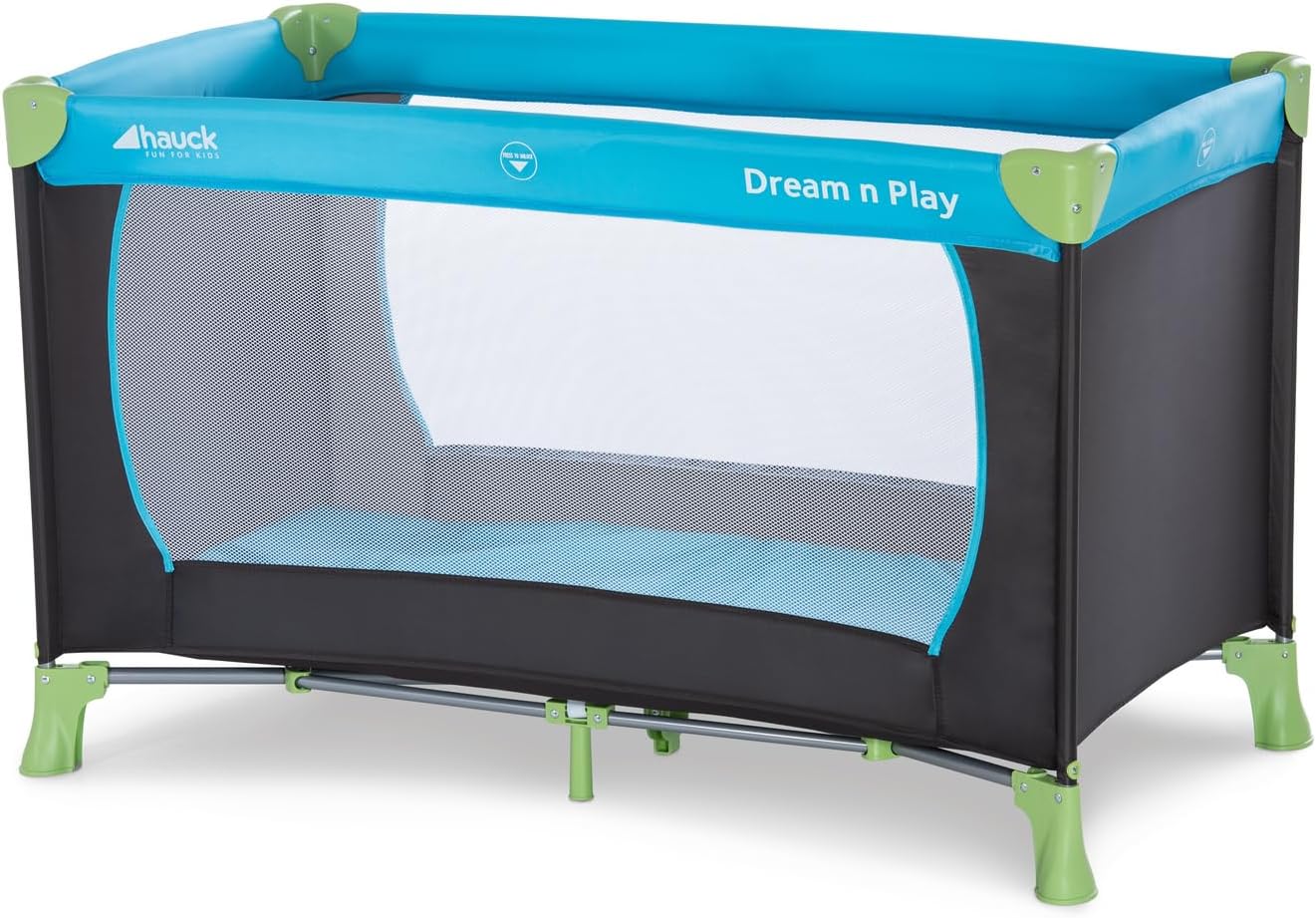 Hauck Travel Cot Dream N Play 120 x 60 cm, Portable Baby Bed from Birth up to 15 kg, Lighweight Travel Cot, Compact Folding, Inclusive Carry Bag and Padded Floor, Water Blue