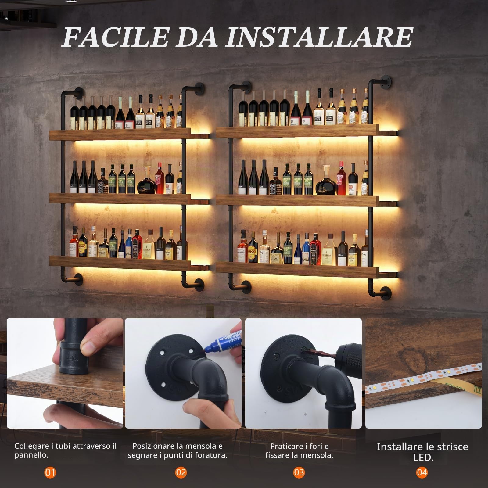 Portabottiglie da Parete con LED, 3 Livelli legno portabottiglie in metallo per vino, 80cm Vetrinetta Pensile, adatto per bar, cucine e ristoranti