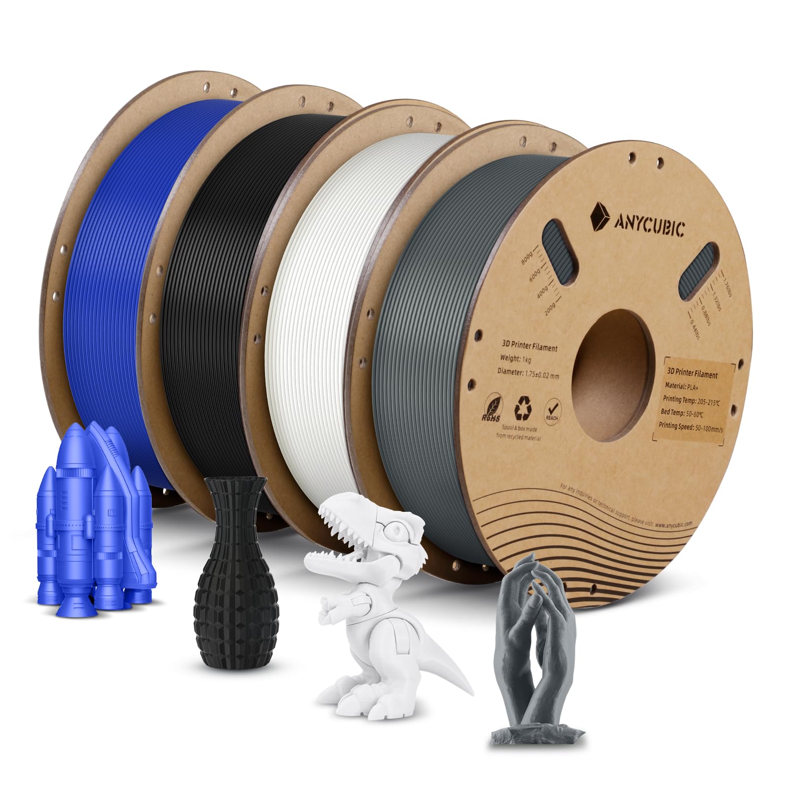 ANYCUBIC PLA+ filamento 1,75 mm, filamento per stampante 3D, 4 kg, nero+bianco+grigio+blu