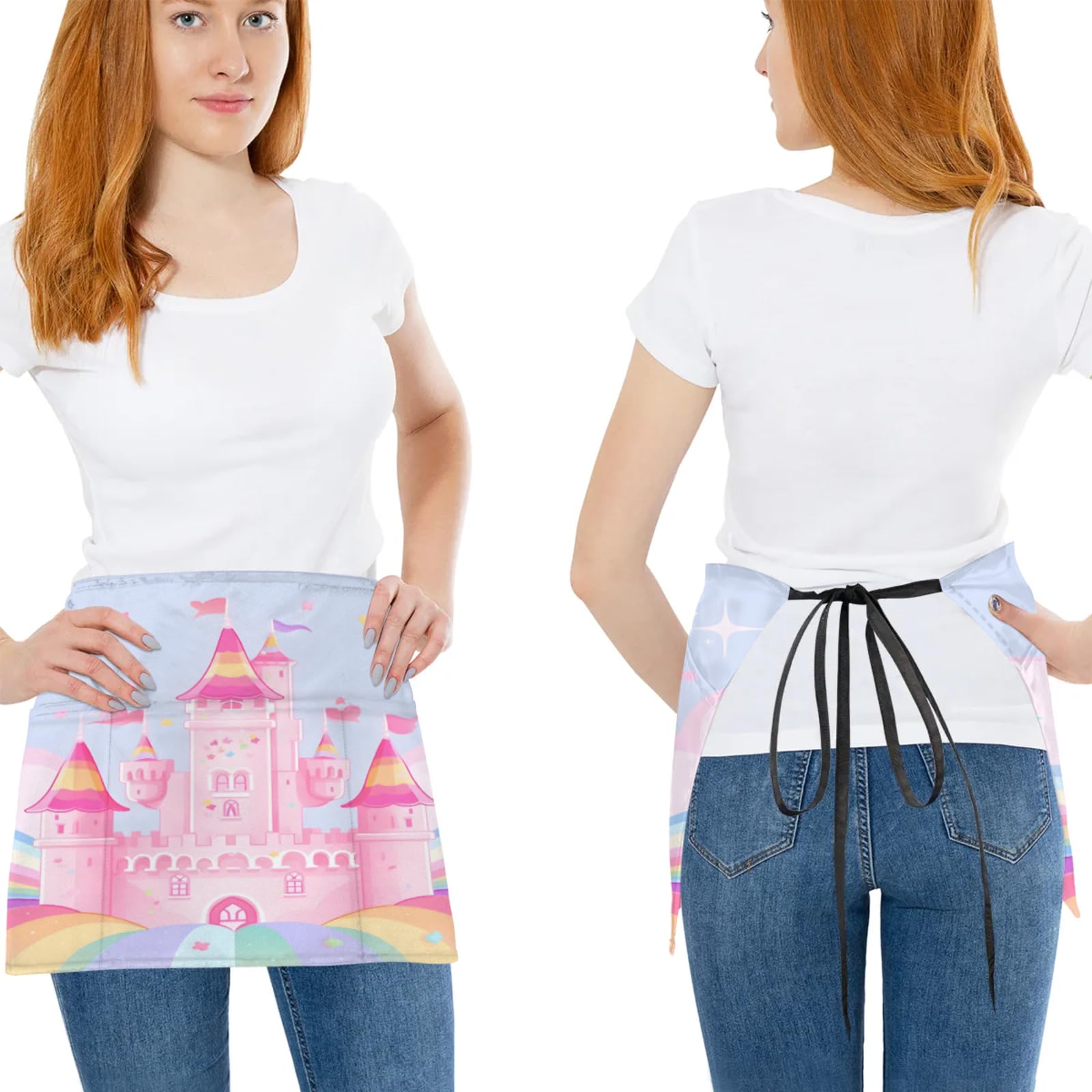 Cartoon Castles Server Aprons with 3 Pockets Oil-proof Half Aprons Restaurant Bistro Cafe Bars Waitress Waiter Wasit Apron for Women Men 3 Pcs