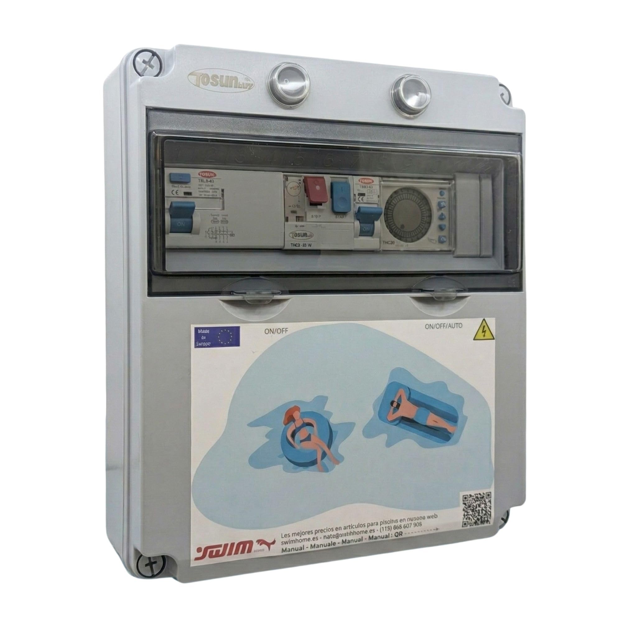 Tosun Cuadro Eléctrico Piscina Trifásico, Transformador 100W 12V AC, Reloj y Guardamotor 9-14A, Bomba +2CV