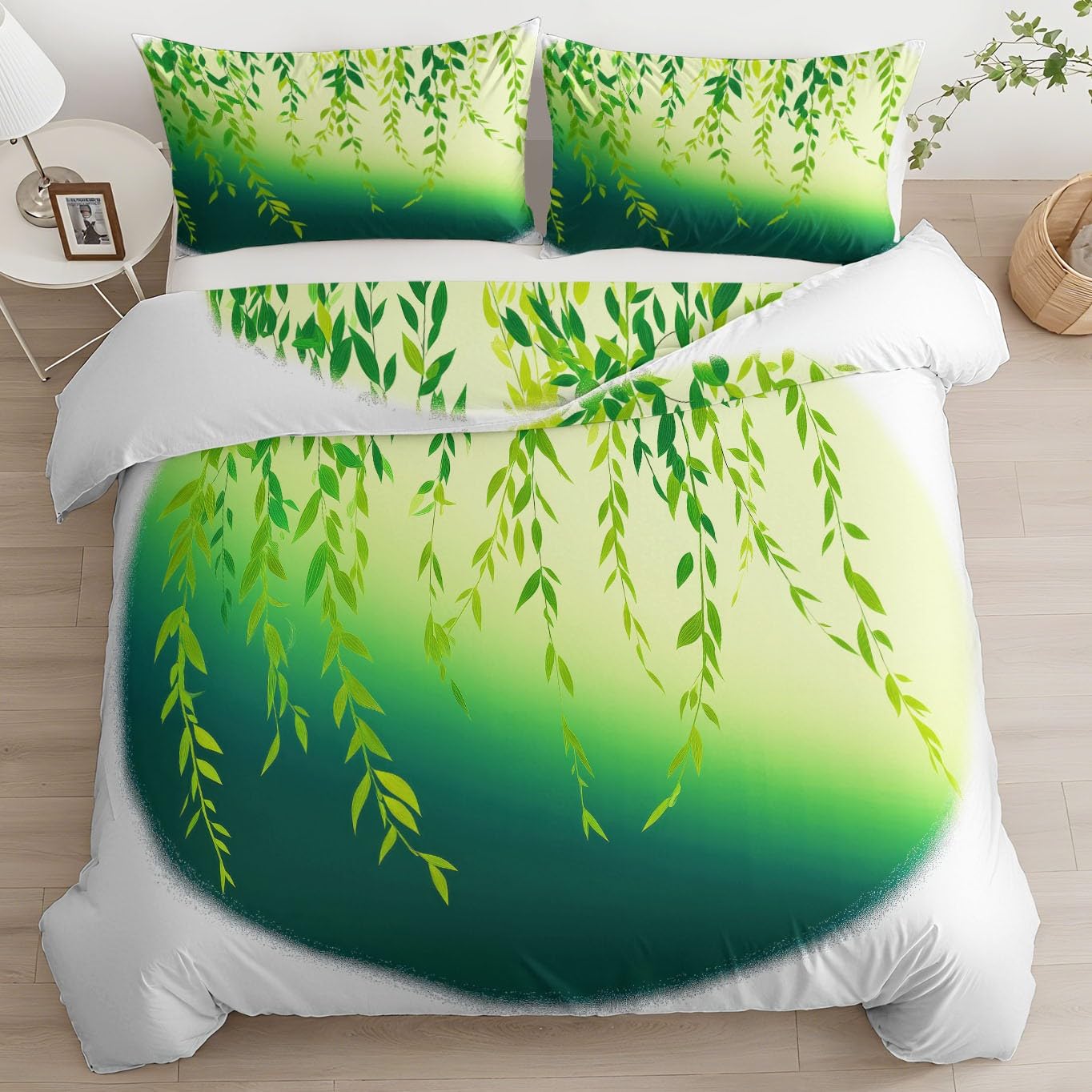 Komplet pościeli 200 x 200 cm, otoczenie wiejskie, rośliny, liście wierzby, dwustronna, poszewka na kołdrę z mikrofibry, poszewka na kołdrę i 1 poszewka na poduszkę 80 x 80 cm, z zamkiem błyskawicznym