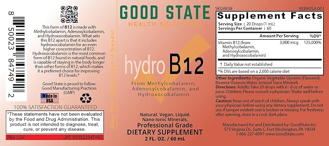 Good State Liquid Hydro B12 2oz 3000 mcg por mL 60 porciones Vegano miniatura 4