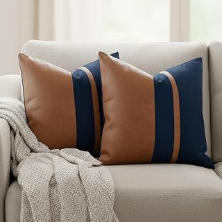 Set of 2 Navy and Brown Decorative Throw Pillow Covers 18x18 Inch Faux Leather and Cotton Patchwork Pillow Cover,Modern Farmhouse Accent Pillow Case for Living Room Couch Bed Boho Decor