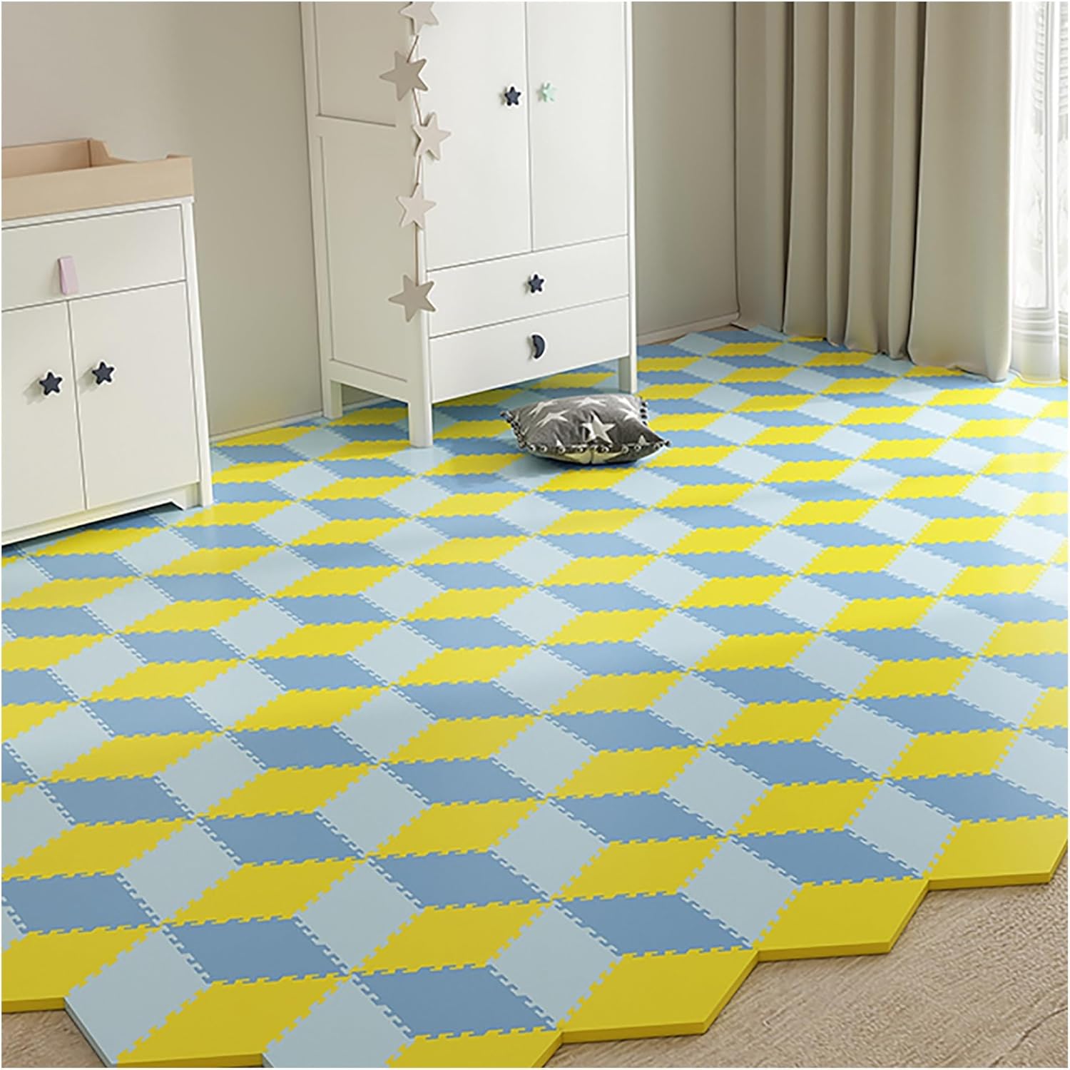 3 Color Interlocking Foam Floor Mats - 30 Tiles Puzzle Play Mat, Diamond Shape Rug for Kids & Home, Multi-Functional Soft Flooring, Light Blue