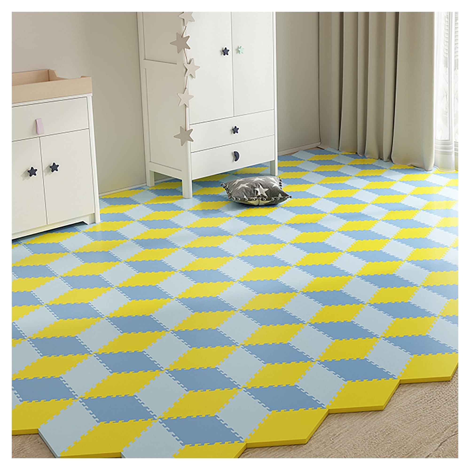 Tapis de sol en mousse pour enfants avec 30 carreaux géométriques en losange bleu clair