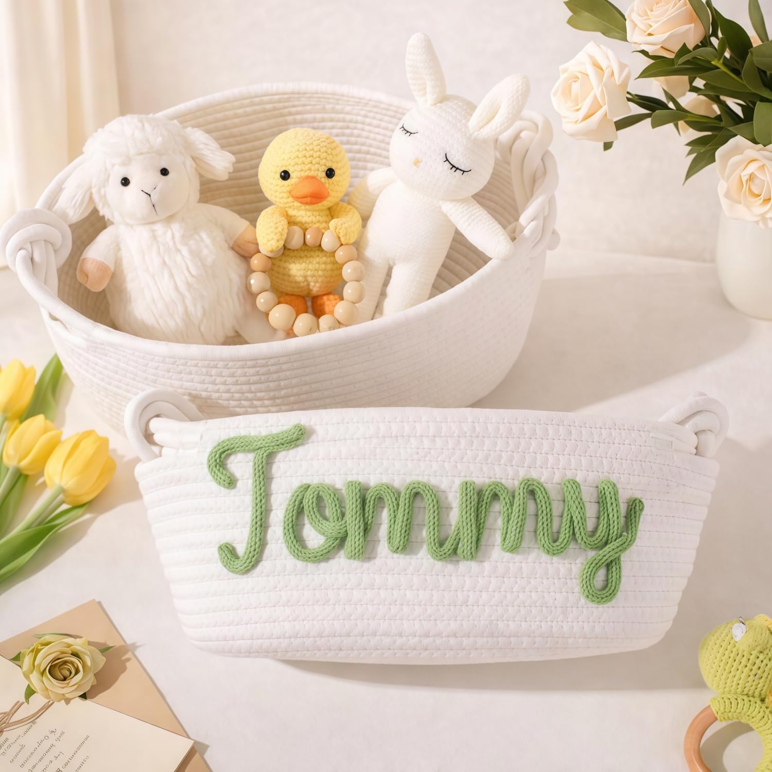 Personalized Baby Shower Gift Basket, Custom Name Woven Cotton Rope Basket, Large Nursery Storage Bin for Newborn Clothes Diapering Essentials