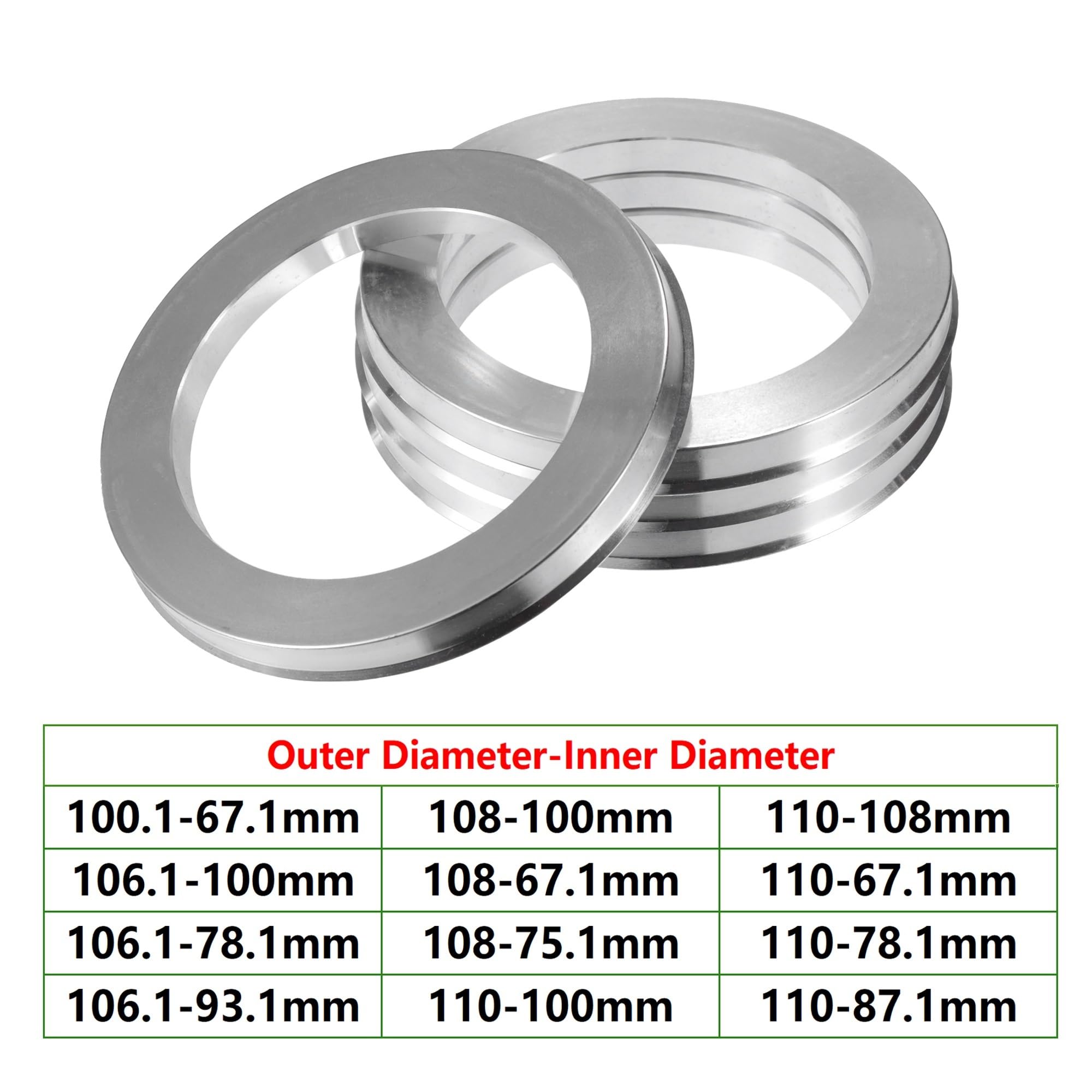 Centradores De Llantas 4 Uds OD 100,1mm 106,1mm 108mm 110mm a ID 67,1mm 93,1mm 100mm anillos céntricos de cubo de coche espaciador central de orificio de rueda Anillos Centradores Llantas(106.1-93.1mm