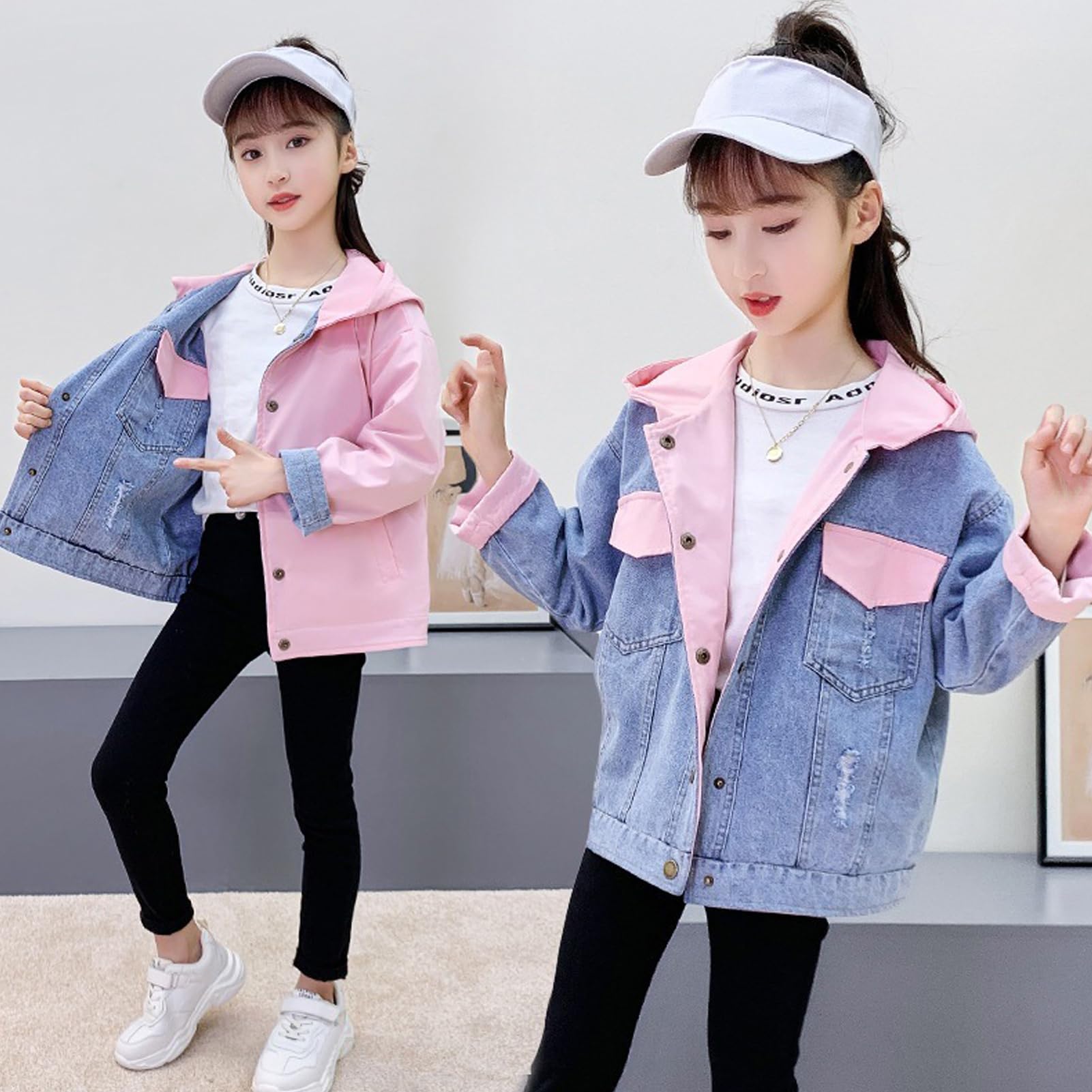 Chaqueta Vaquera Niña con Capucha Abrigo de Diseño Reversible para Primavera Otoño
